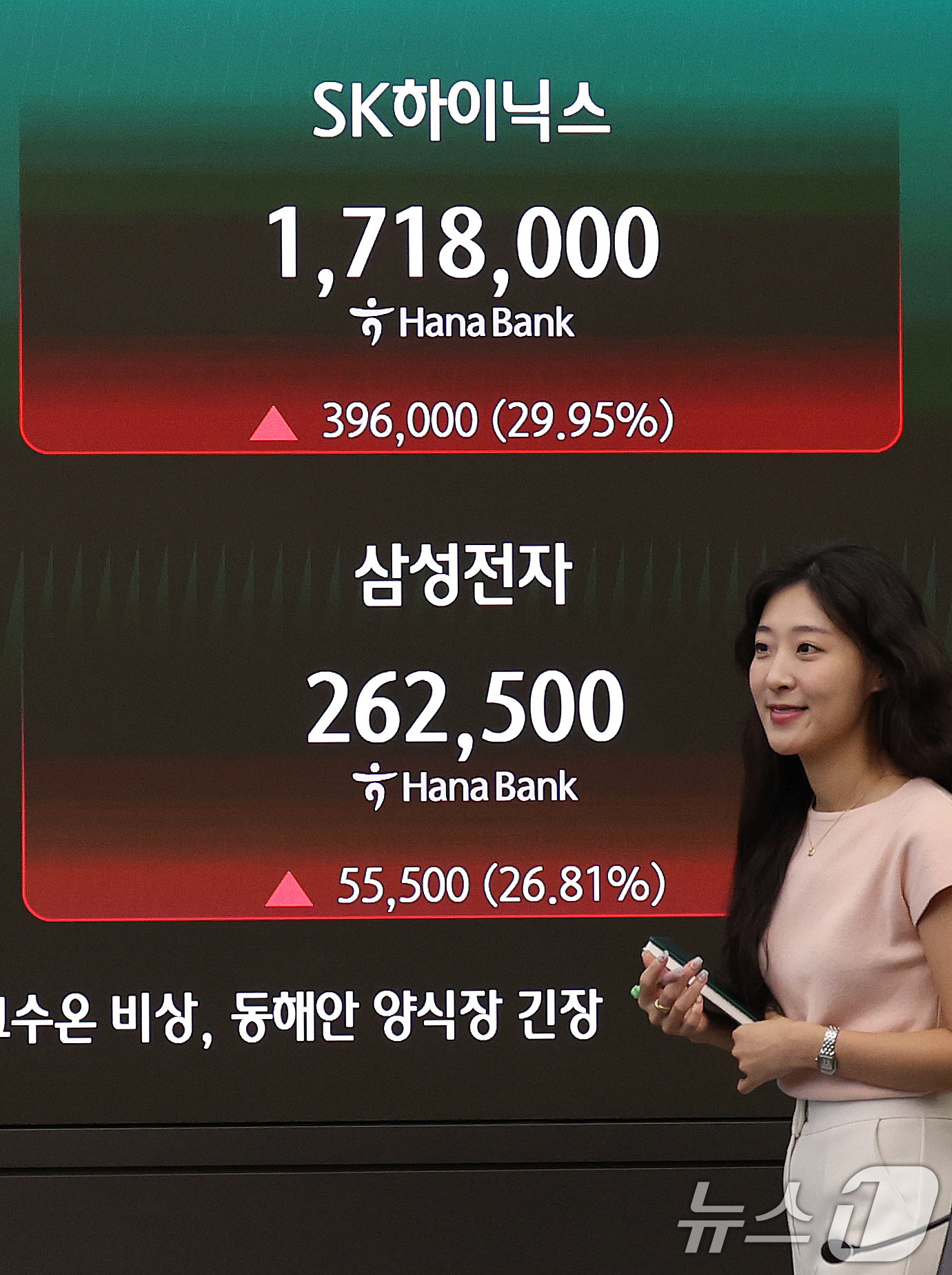 (서울=뉴스1) 박지혜 기자 = 31일 오후 서울 중구 하나은행 딜링룸 전광판에 SK하이닉스 주가가 나타나고 있다.이날 SK하이닉스는 반도체주 낙폭 과대 인식에 사상 첫 상한가로 …