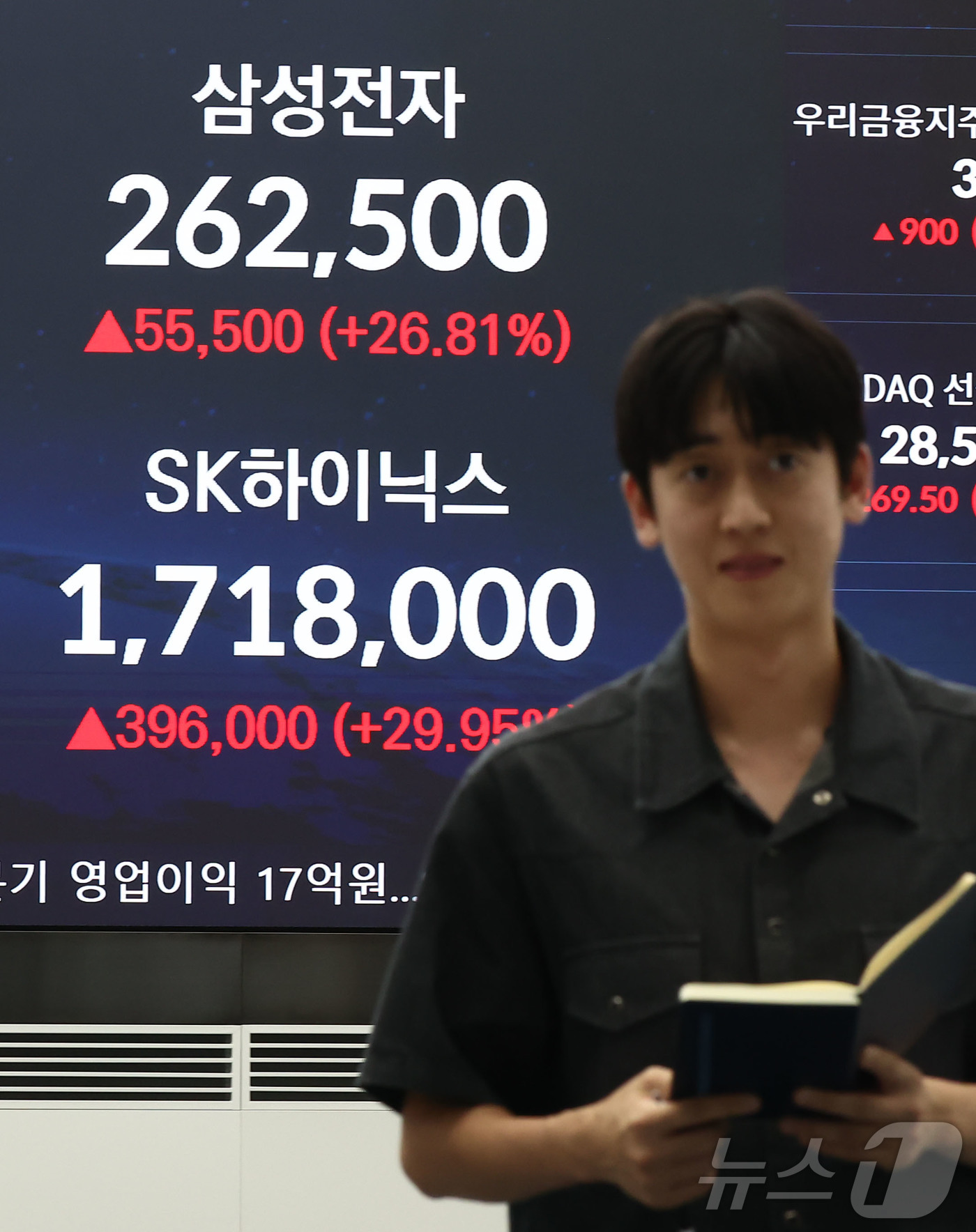 (서울=뉴스1) 김민지 기자 = 코스피가 폭등하며 역대 최대 상승세를 보인 31일 오후 서울 중구 우리은행 본점 딜링룸 전광판에 종가가 나오고 있다.이날 코스피는 전날보다 1001 …