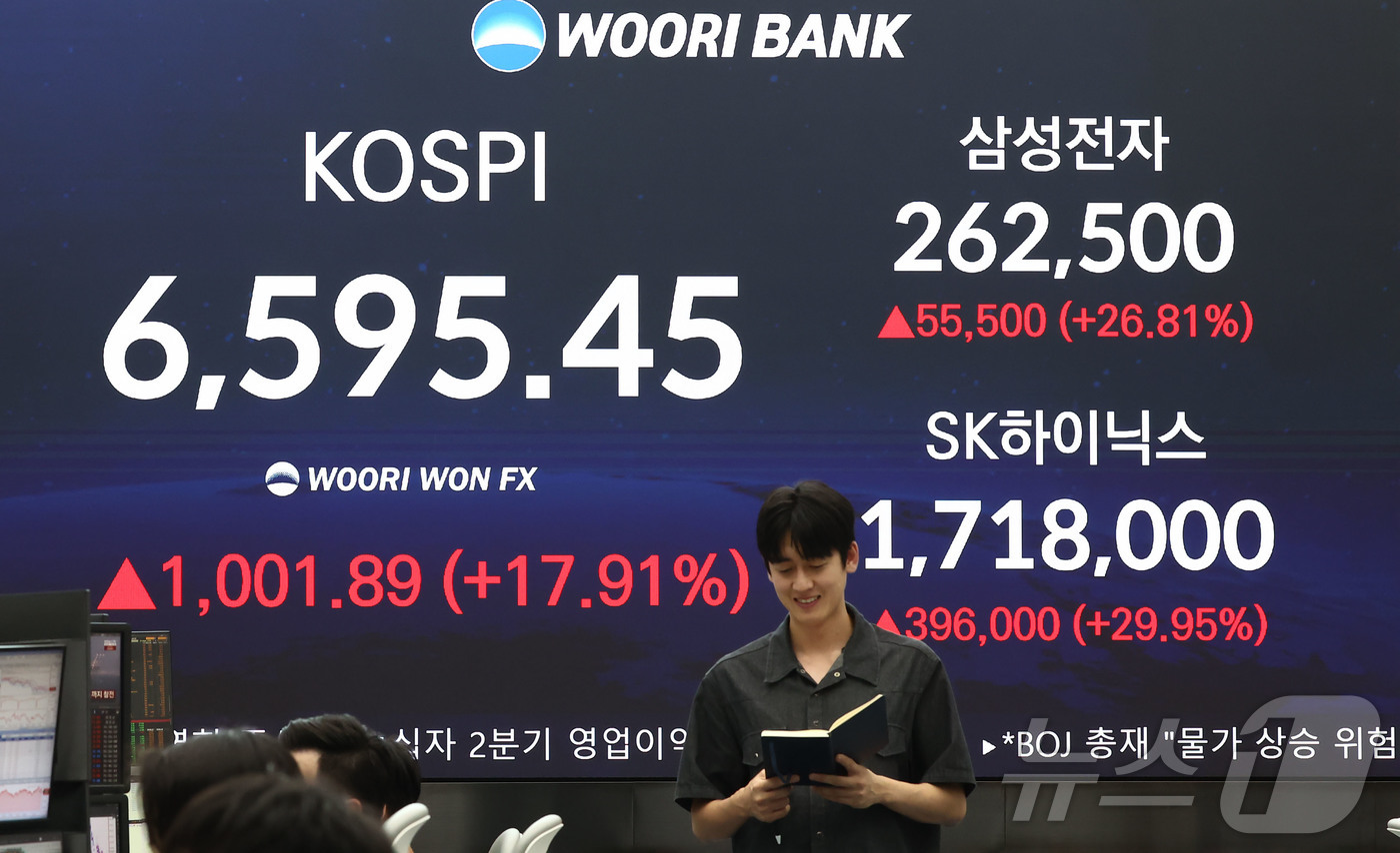 (서울=뉴스1) 김민지 기자 = 코스피가 폭등하며 역대 최대 상승세를 보인 31일 오후 서울 중구 우리은행 본점 딜링룸 전광판에 종가가 나오고 있다.이날 코스피는 전날보다 1001 …