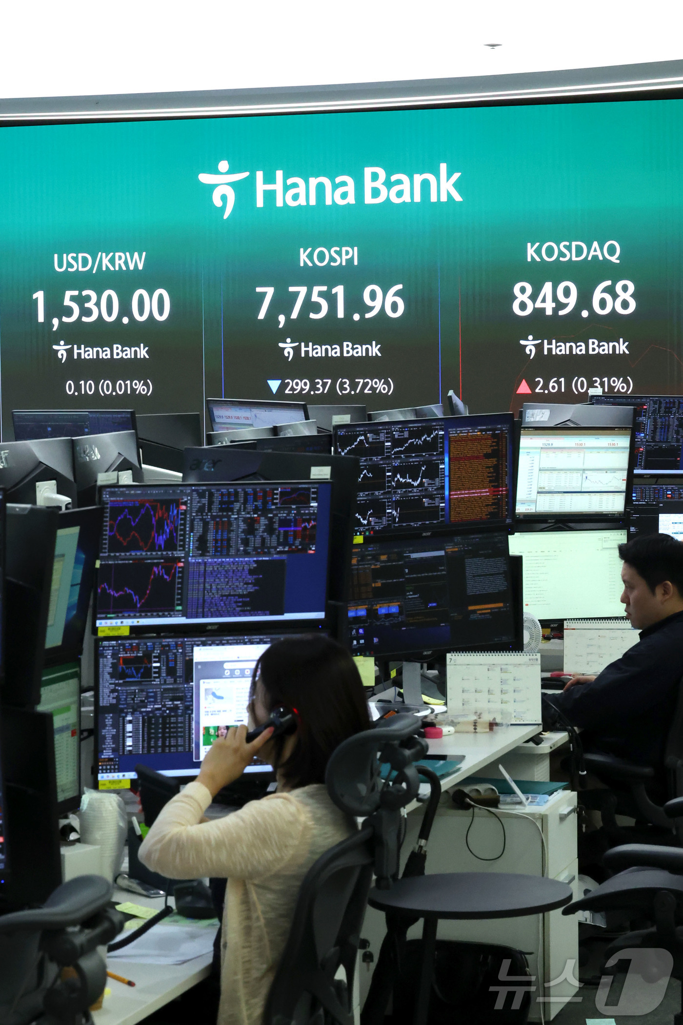 (서울=뉴스1) 이종수 기자 = 7일 오전 서울 중구 하나은행 딜링룸 전광판에 코스피와 코스닥 지수, 원·달러 환율이 표시되고 있다. 한국거래소에 따르면 이날 코스피는 전 거래일보 …