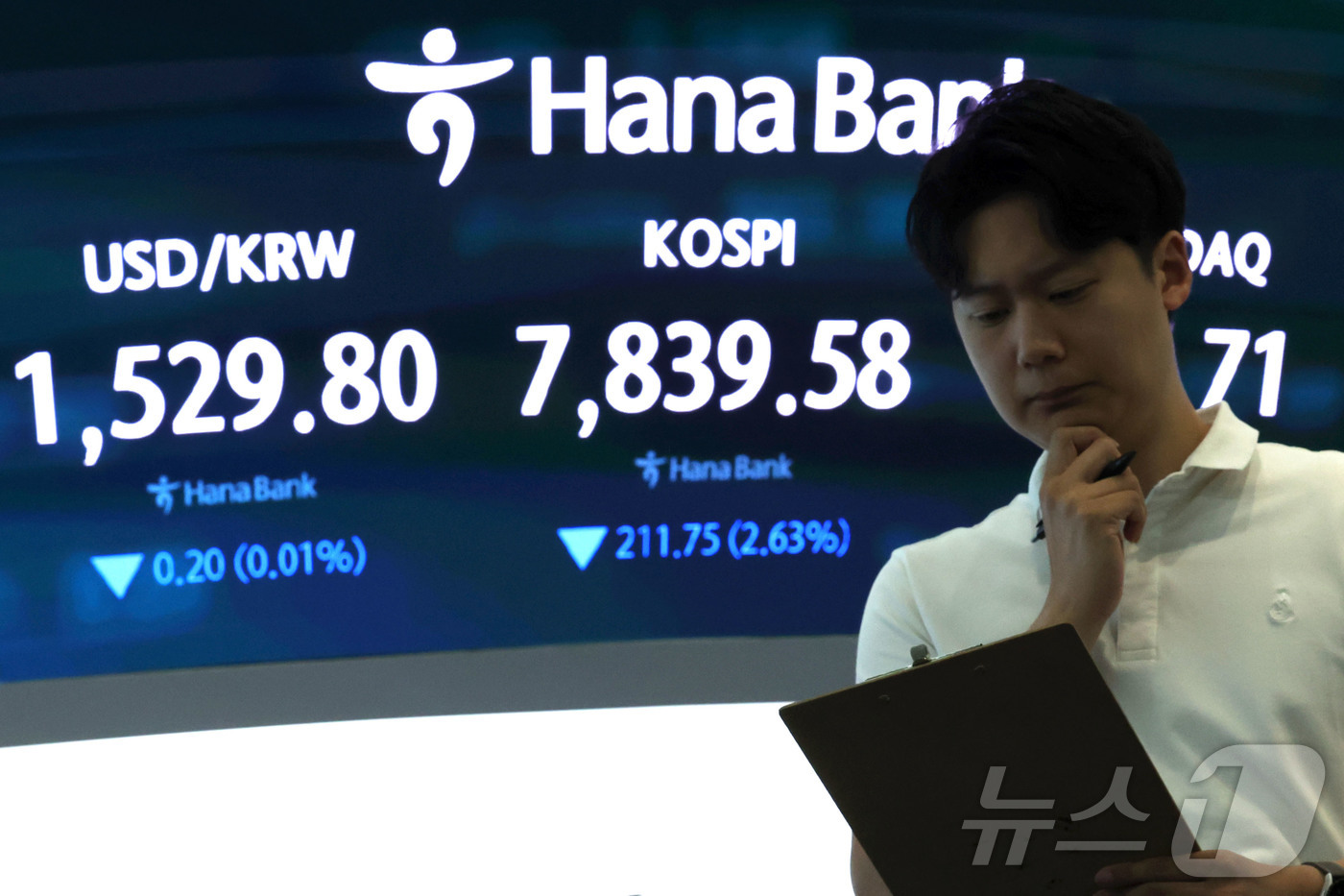 (서울=뉴스1) 이종수 기자 = 7일 오전 서울 중구 하나은행 딜링룸 전광판에 코스피와 원·달러 환율이 표시되고 있다. 한국거래소에 따르면 이날 코스피는 전 거래일보다 132.13 …