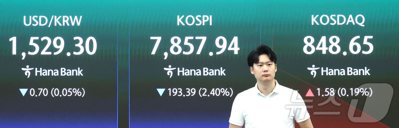 (서울=뉴스1) 이종수 기자 = 7일 오전 서울 중구 하나은행 딜링룸 전광판에 코스피와 코스닥 지수, 원·달러 환율이 표시되고 있다. 한국거래소에 따르면 이날 코스피는 전 거래일보 …