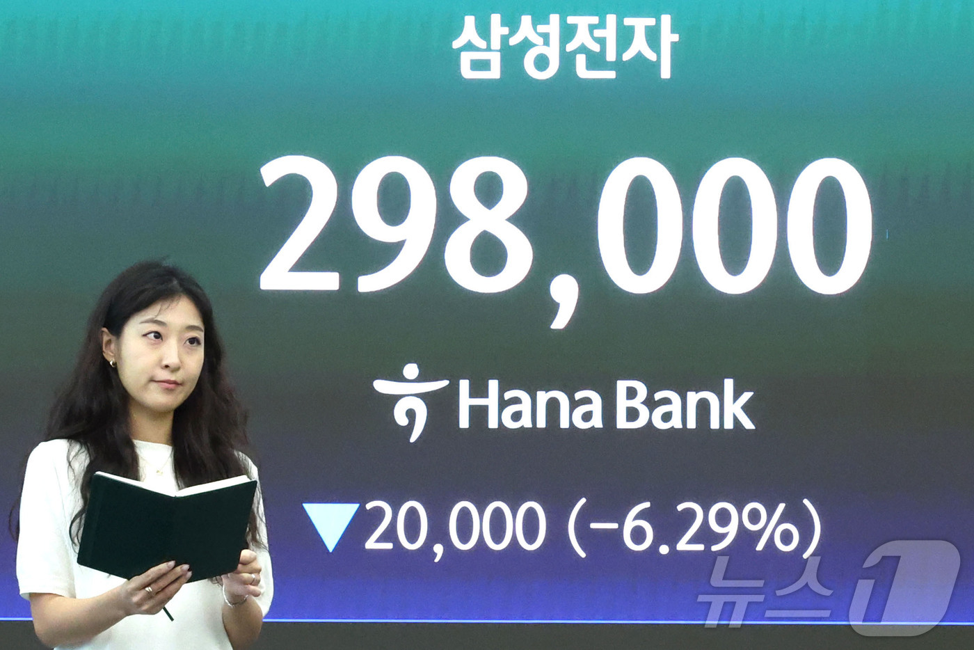 (서울=뉴스1) 이종수 기자 = 7일 오전 서울 중구 하나은행 딜링룸 전광판에 삼성전자 주가가 표시되고 있다. 이날 삼성전자 주가는 6% 가까이 하락하며 장중 30만원선 사수에 실 …