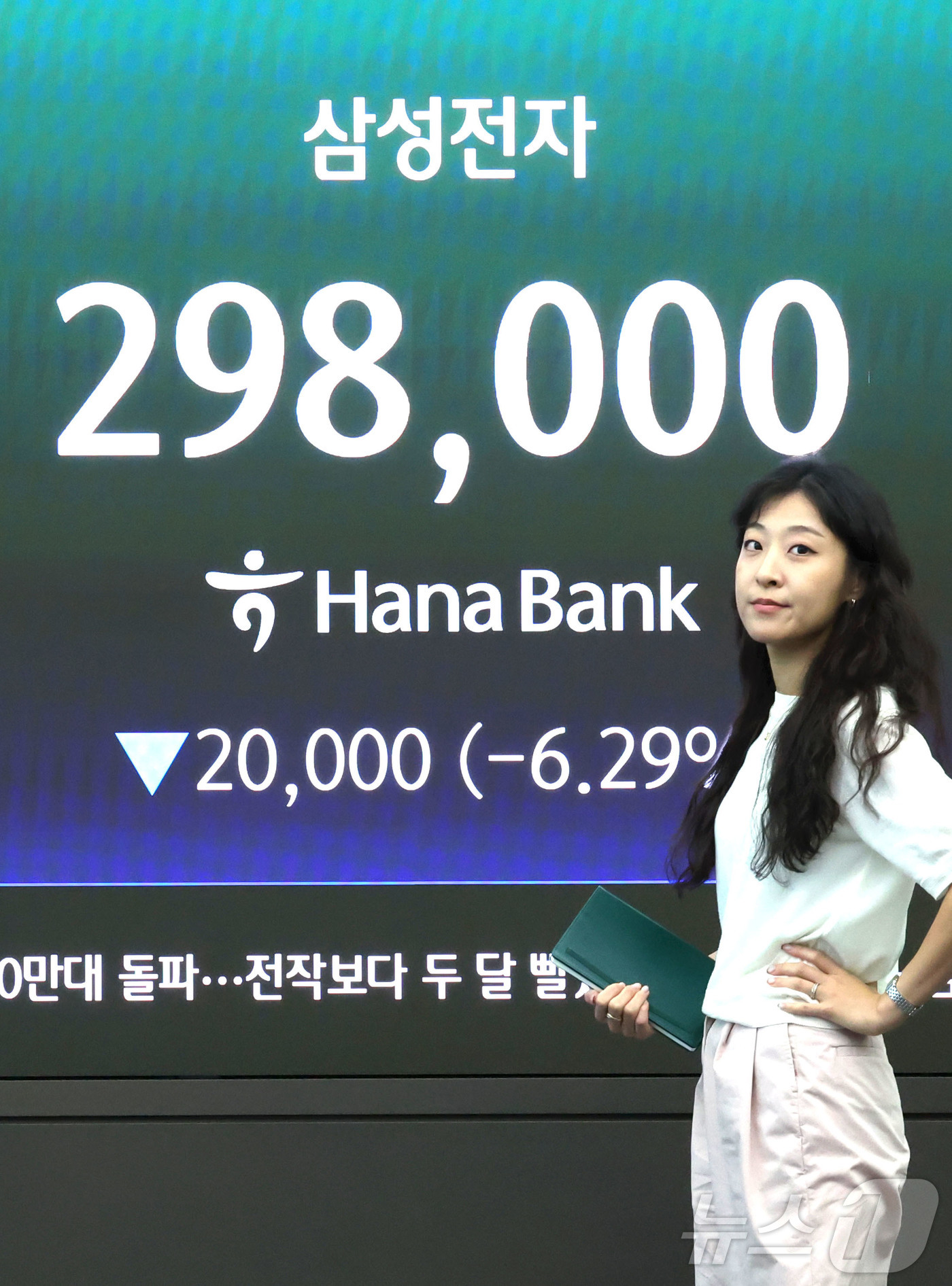 (서울=뉴스1) 이종수 기자 = 7일 오전 서울 중구 하나은행 딜링룸 전광판에 삼성전자 주가가 표시되고 있다. 이날 삼성전자 주가는 6% 가까이 하락하며 장중 30만원선 사수에 실 …