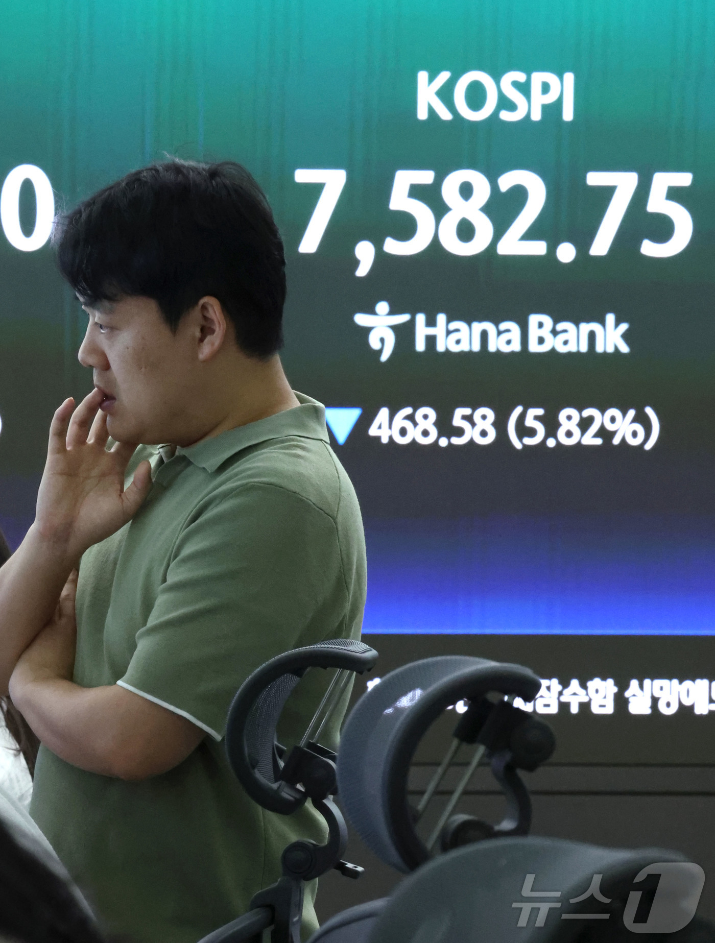 (서울=뉴스1) 이종수 기자 = 7일 오전 서울 중구 하나은행 딜링룸 전광판에 코스피 지수가 표시되고 있다. 이날 코스피는 장중 5% 넘게 급락하면서 유가증권시장 매도 사이드카(프 …