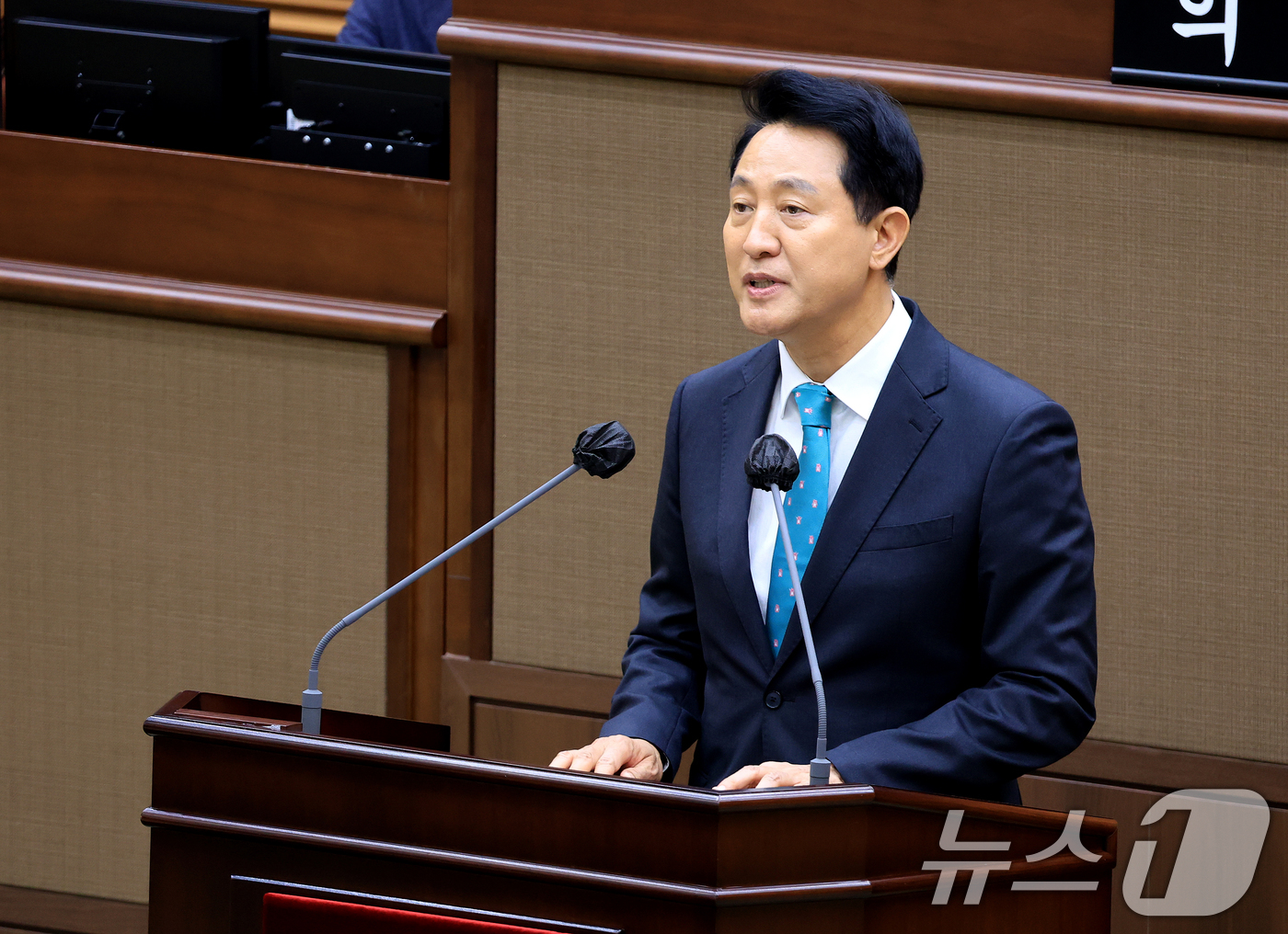 (서울=뉴스1) 이호윤 기자 = 오세훈 서울시장이 7일 서울 중구 서울특별시의회 본회의장에서 열린 제12대 서울특별시의회 개원식에서 축사를 하고 있다. 2026.7.7/뉴스1
