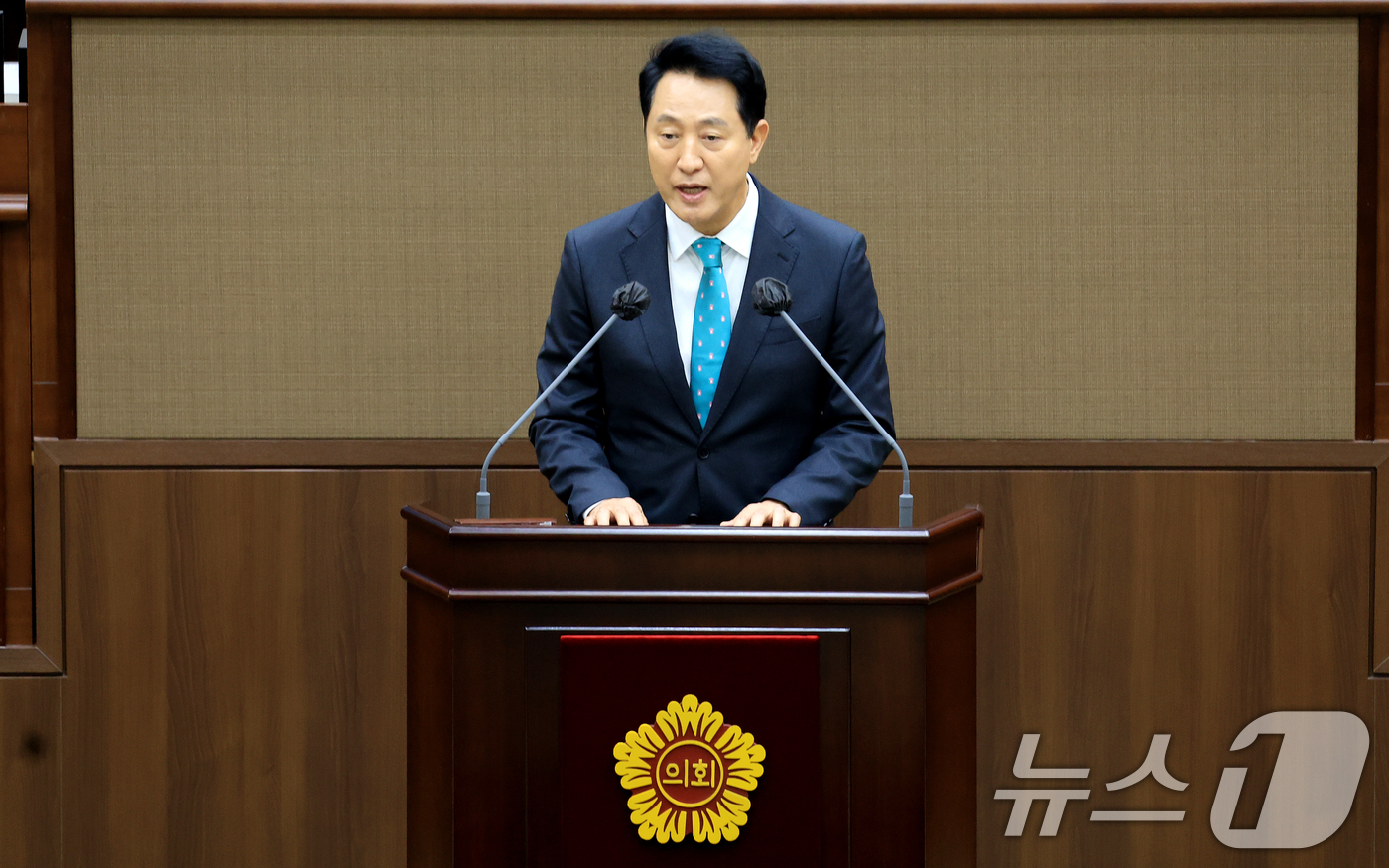 (서울=뉴스1) 이호윤 기자 = 오세훈 서울시장이 7일 서울 중구 서울특별시의회 본회의장에서 열린 제12대 서울특별시의회 개원식에서 축사를 하고 있다. 2026.7.7/뉴스1