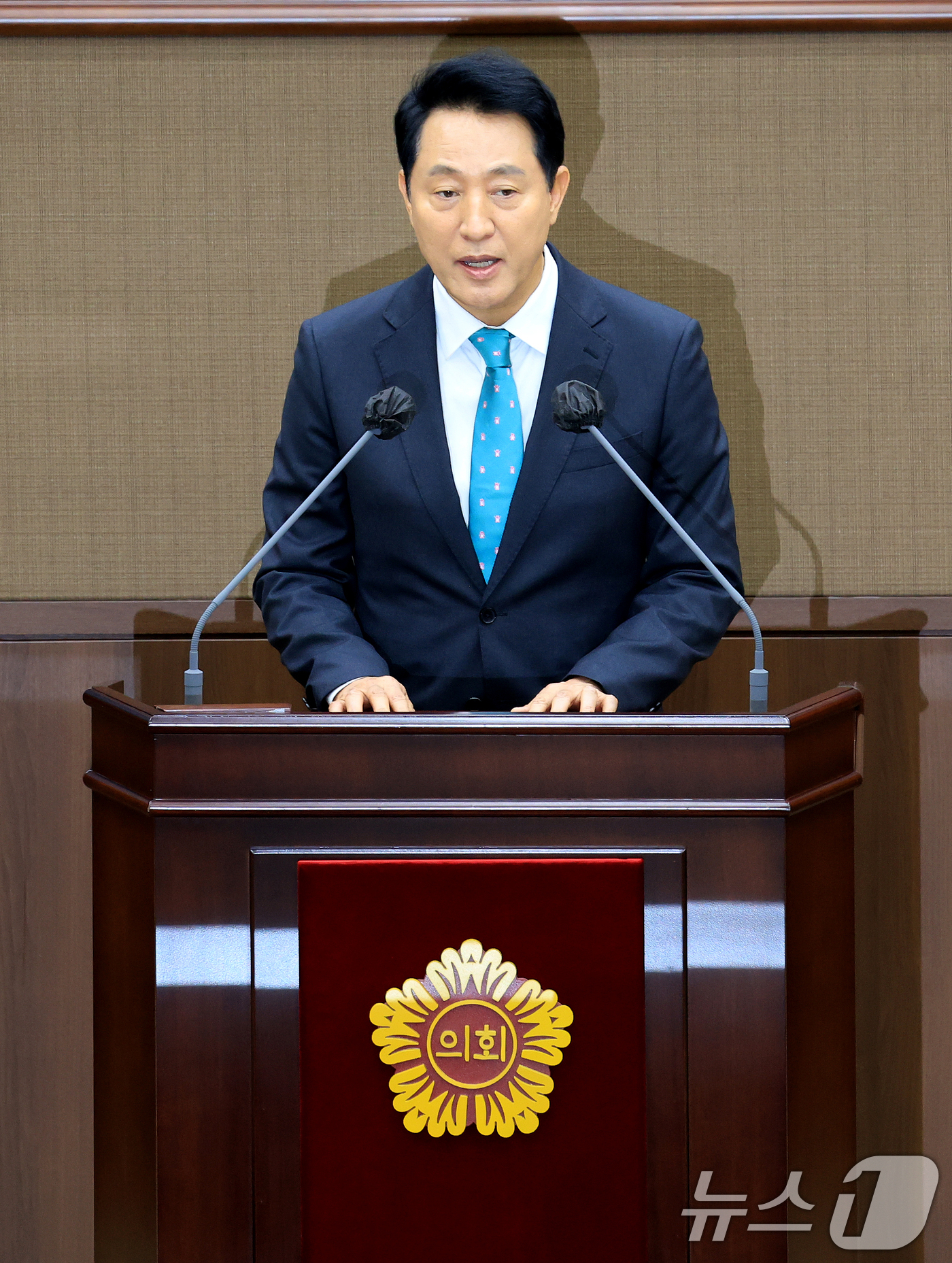 (서울=뉴스1) 이호윤 기자 = 오세훈 서울시장이 7일 서울 중구 서울특별시의회 본회의장에서 열린 제12대 서울특별시의회 개원식에서 축사를 하고 있다. 2026.7.7/뉴스1