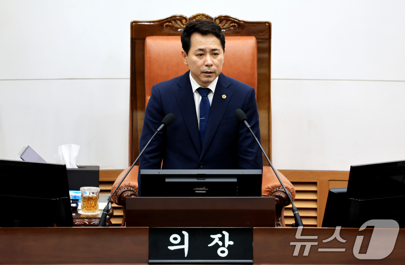 (서울=뉴스1) 이호윤 기자 = 임만균 신임 서울시의회 의장이 7일 서울 중구 서울특별시의회 본회의장에서 열린 제12대 서울특별시의회 개원식에서 개원사를 하고 있다. 2026.7. …