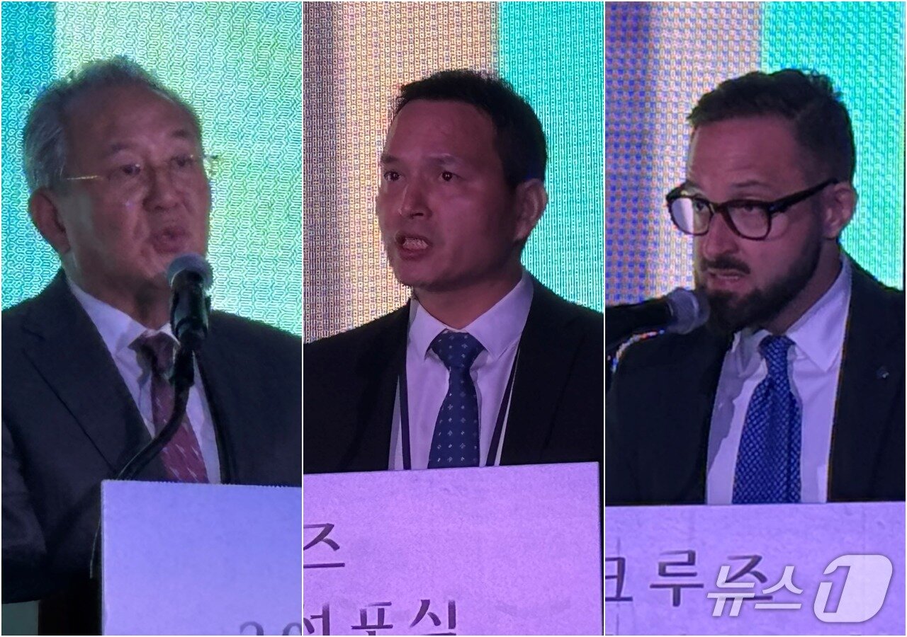 본문 이미지 - 7일 열린 부산크루즈협회 비전선포식에서 김현겸 협회 회장, 지앙펭 통 아도라크루즈 부사장, 마시모 루소 MSC크루즈 부사장이 발표하는 모습 2026.7.7 ⓒ 뉴스1 홍윤 기자