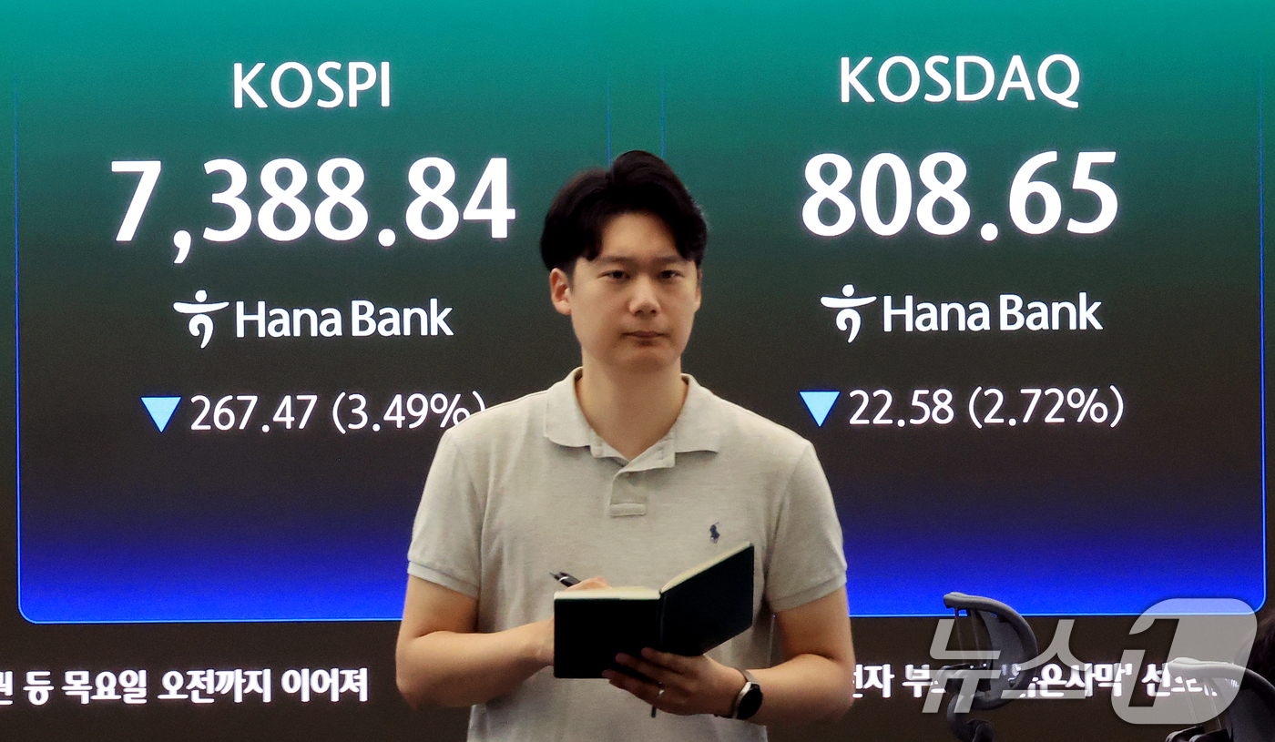 (서울=뉴스1) 이호윤 기자 = 8일 서울 중구 하나은행 본점 딜링룸 전광판에 코스피 등 시황이 표시되고 있다. 이날 코스피 지수는 전 거래일 대비 203.83포인트(2.66%) …