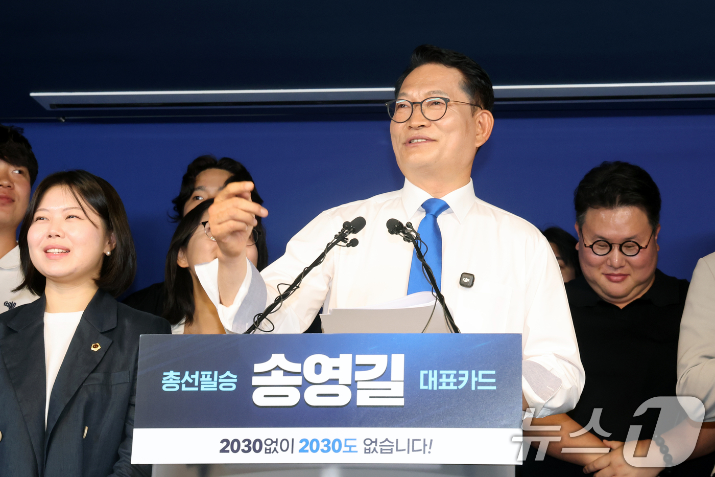 (서울=뉴스1) 황기선 기자 = 더불어민주당 당권주자인 송영길 전 대표가 8일 오전 서울 여의도 민주당 중앙당사에서 당대표 출마선언을 하고 있다. 2026.7.8/뉴스1