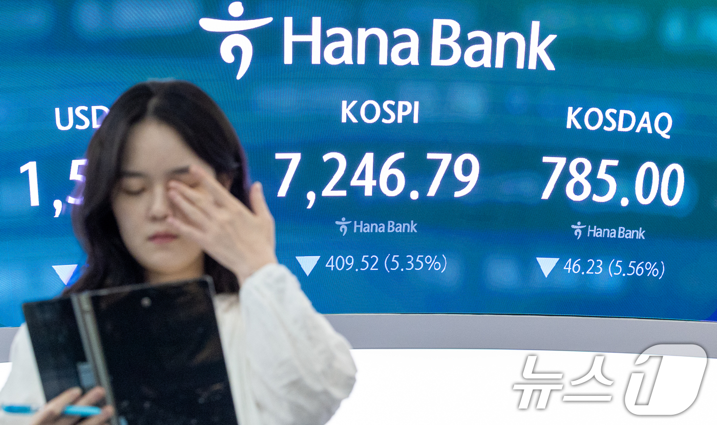 (서울=뉴스1) 안은나 기자 = 미·이란 갈등 격화에 코스피가 급락하며 '검은 수요일'을 기록한 8일 오후 서울 중구 하나은행 딜링룸 전광판에 종가가 나오고 있다.이날 코스피 지수 …