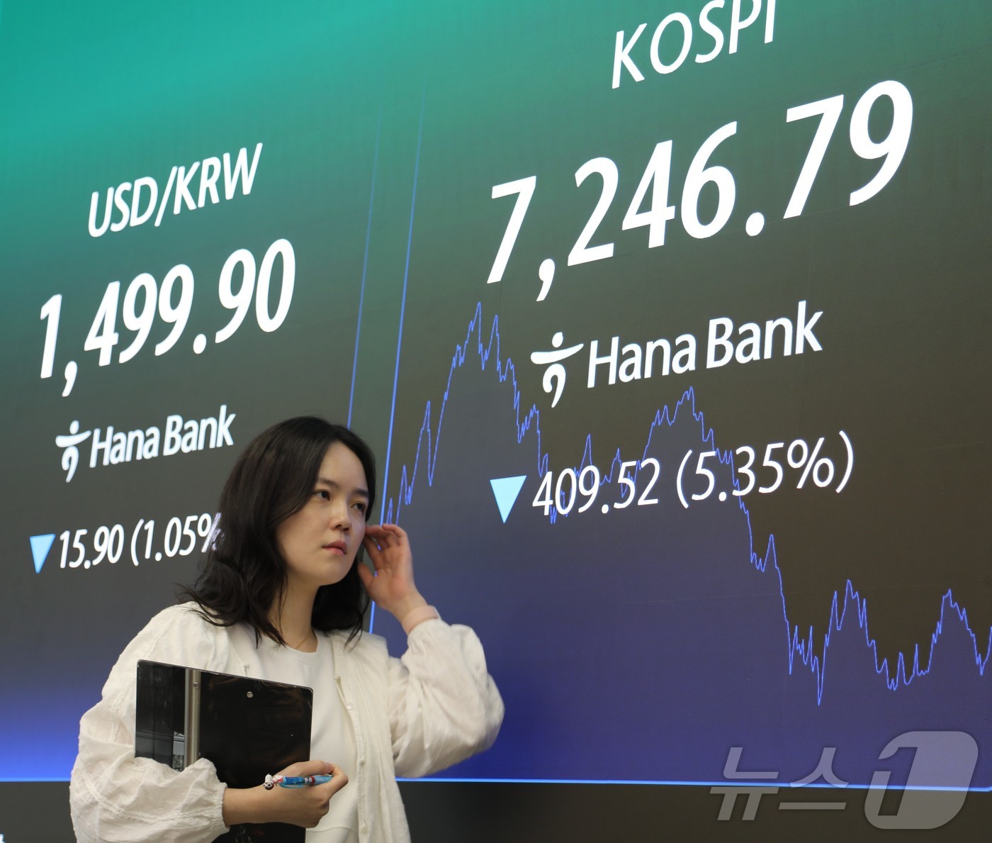 (서울=뉴스1) 한수민 수습기자 = 미-이란 갈등이 격화되며 국내 증시 투자 심리가 위축돼 코스피와 코스닥 시장에서 연달아 동반 매도 사이드카가 발동한 8일 오후 서울 중구 하나은 …