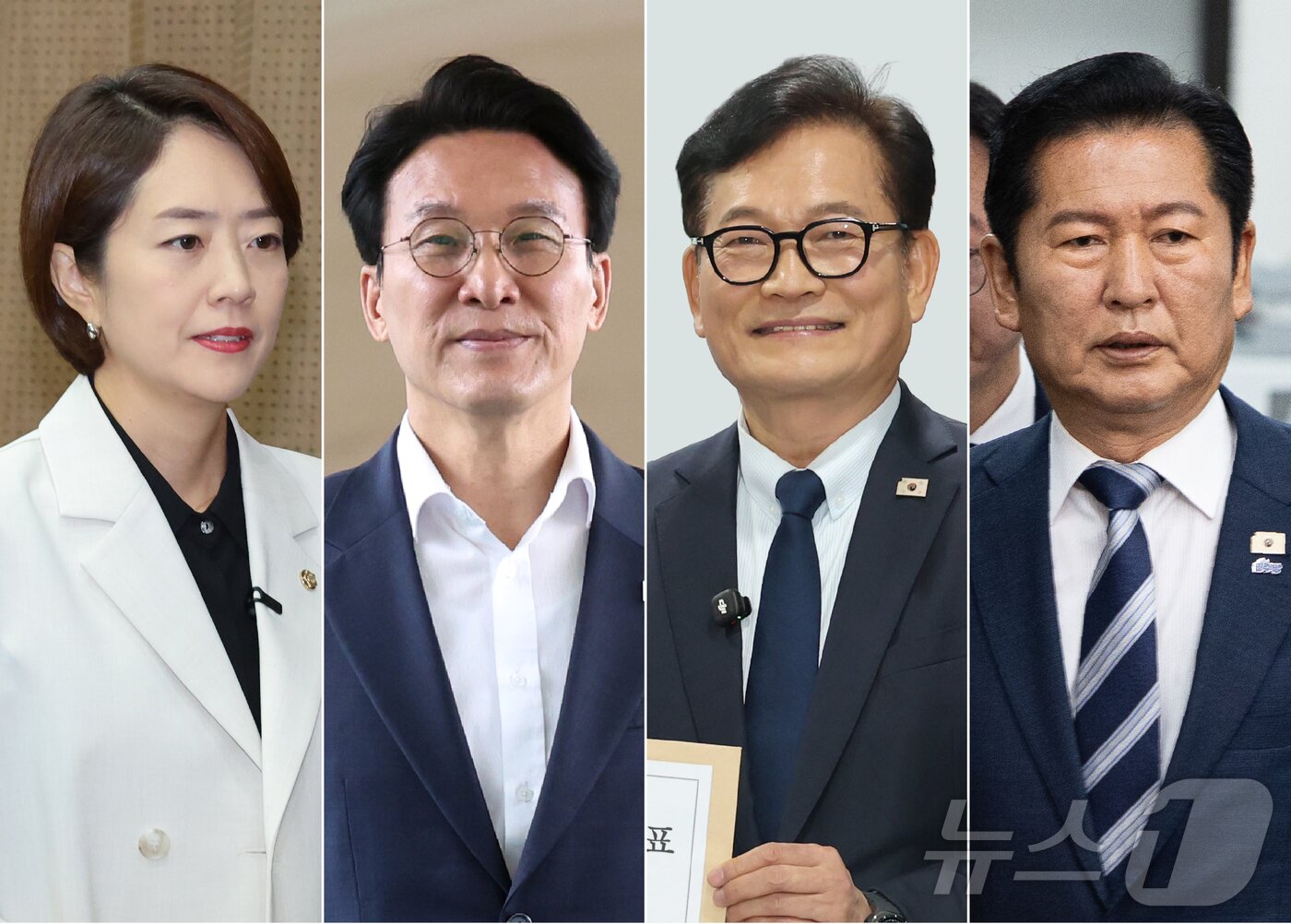 본문 이미지 - 더불어민주당 당권 주자인 고민정 의원(왼쪽부터), 김민석 전 국무총리, 송영길 전 대표, 정청래 전 대표.