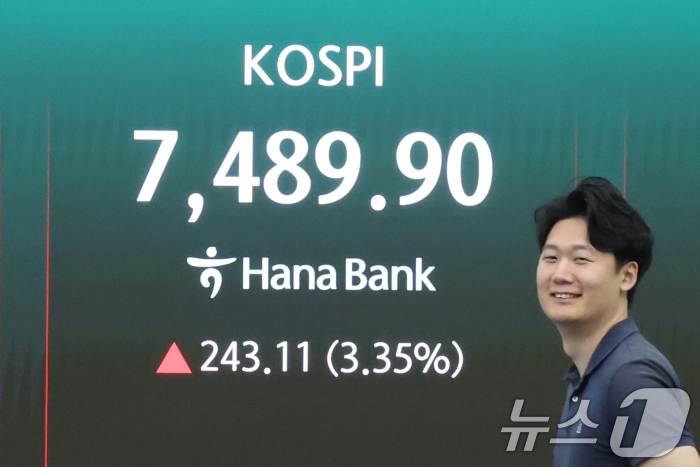 (서울=뉴스1) 이종수 기자 = 9일 오전 서울 중구 하나은행 딜링룸 전광판에 코스피 지수가 표시되고 있다. 이날 코스피 지수는 전 거래일 대비 3.31% 오른 7486.64로 상 …