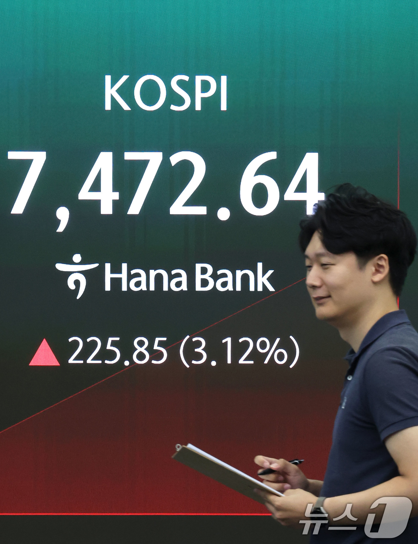 (서울=뉴스1) 이종수 기자 = 9일 오전 서울 중구 하나은행 딜링룸 전광판에 코스피 지수가 표시되고 있다. 이날 코스피 지수는 전 거래일 대비 3.31% 오른 7486.64로 상 …