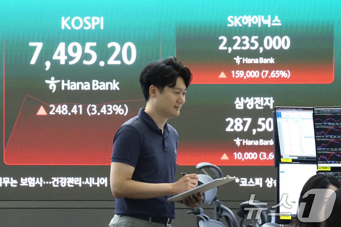 본문 이미지 - 9일 오전 서울 중구 하나은행 본점 딜링룸 전광판에 SK하이닉스, 삼성전자 지수가 표시되고 있다. 2026.7.9 ⓒ 뉴스1 이종수 기자