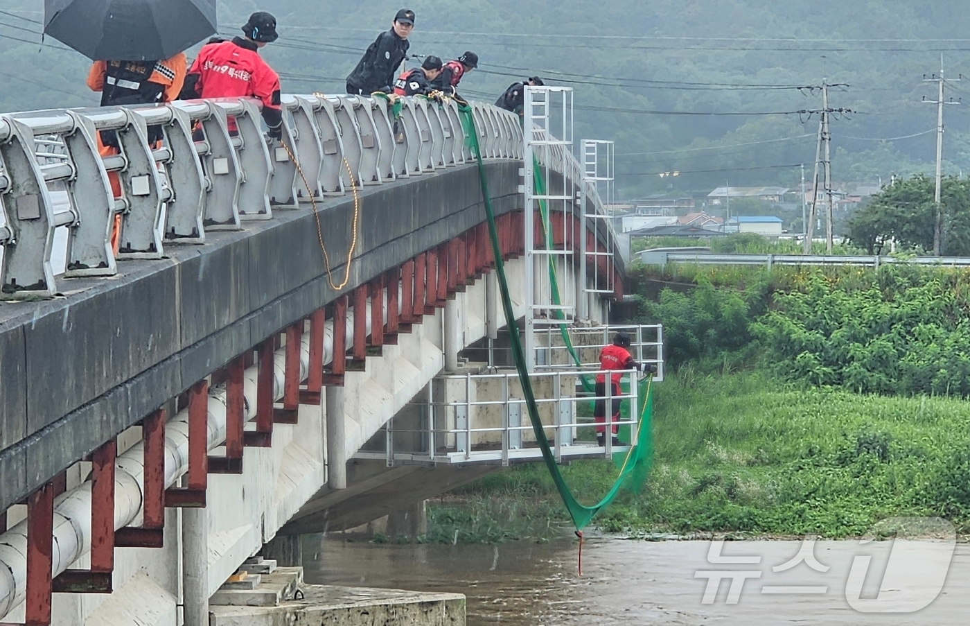 (영주=뉴스1) 신성훈 기자 = 영주소방서 대원들이 9일 창진교에서 남원천에 빠져 실종된 70 대 남성 수색작업을 하고 있다.  2026.7.9/뉴스1