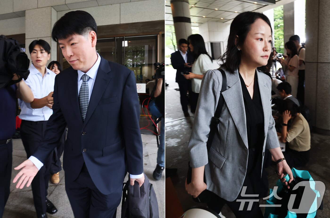 본문 이미지 - 내란 특검팀 수사팀장인 장준호 성남지청장(왼쪽)과 윤석열 전 대통령 측 법률대리인단 유정화 변호사가 9일 오후 서울 서초구 대법원 대심판정에서 열린 윤석열 전 대통령의 고위공직자범죄수사처(공수처) 체포방해 등 혐의 사건 상고심 선고기일을 마친 후 법정을 나서며 각각 입장을 밝히고 있다.  2026.7.9 ⓒ 뉴스1 오대일 기자