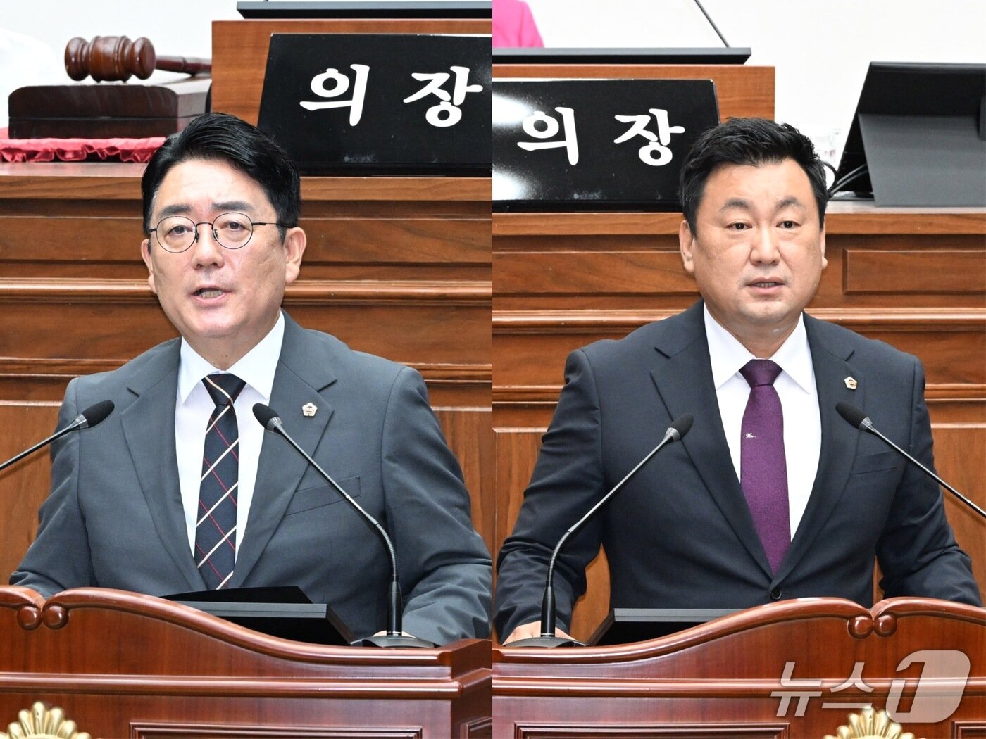 본문 이미지 - 왼쪽부터 울산시의회 이주언 민주당 의원과 안대룡 국민의힘 의원이 9일 열린 본회의에서 5분 자유발언을 하고 있다.(울산시의회 제공. 재판매 및 DB금지)/뉴스1