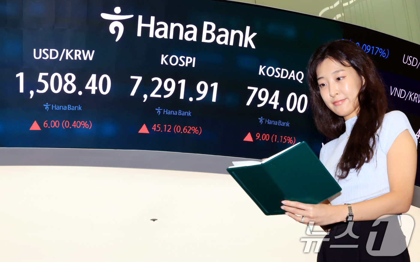(서울=뉴스1) 이호윤 기자 = 9일 서울 중구 하나은행 딜링룸 전광판에 종가가 나오고 있다. 이날 코스피 지수는 전일 대비 45.12포인트(0.62%) 상승한 7291.91, 코 …