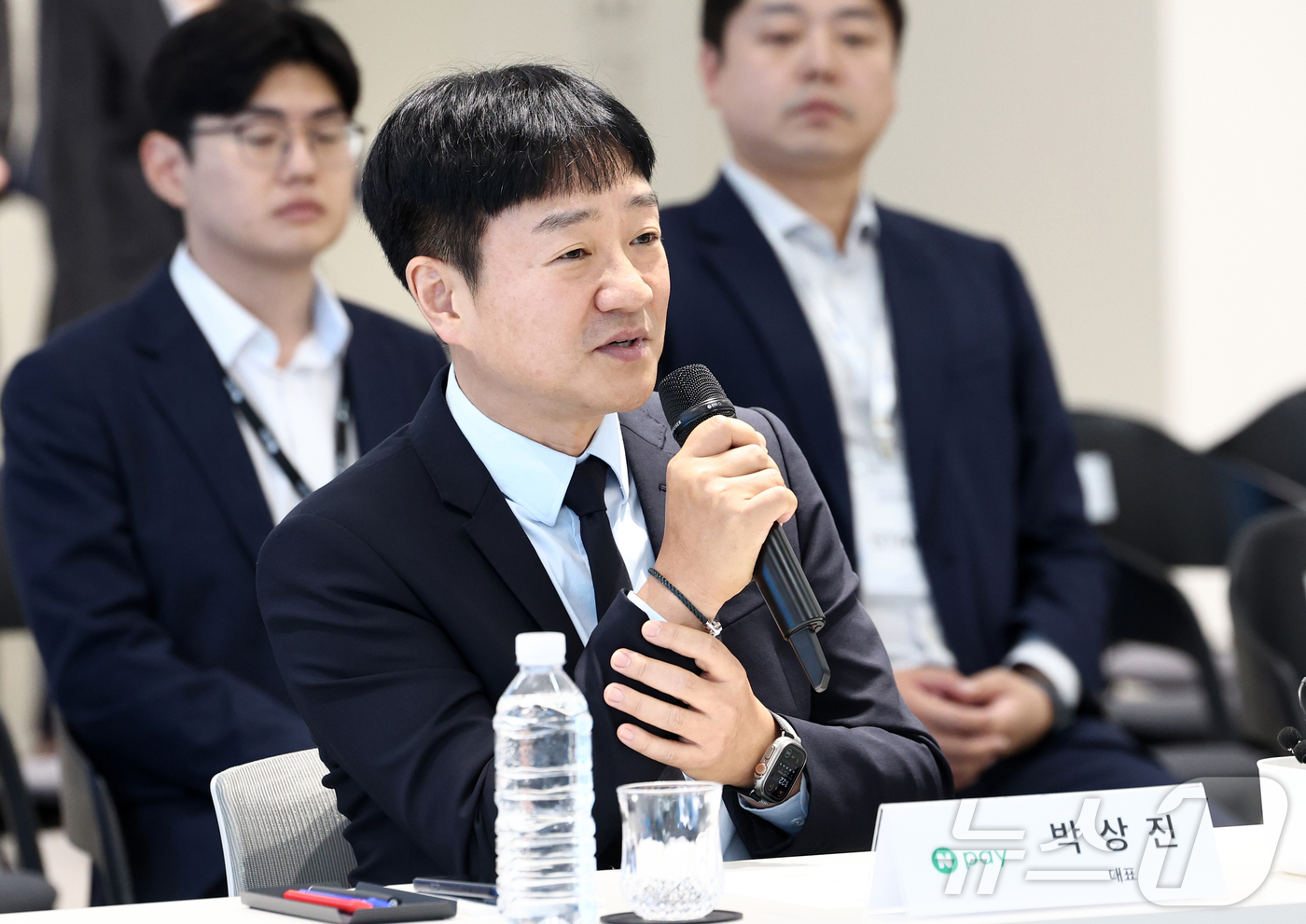 (서울=뉴스1) 최지환 기자 = 박상진 네이버페이 대표가 9일 오후 서울 서초구 토스 신논현 사무실에서 열린 주민등록증 진위 확인 확대 업무협약식에서 발언하고 있다. 2026.7. …
