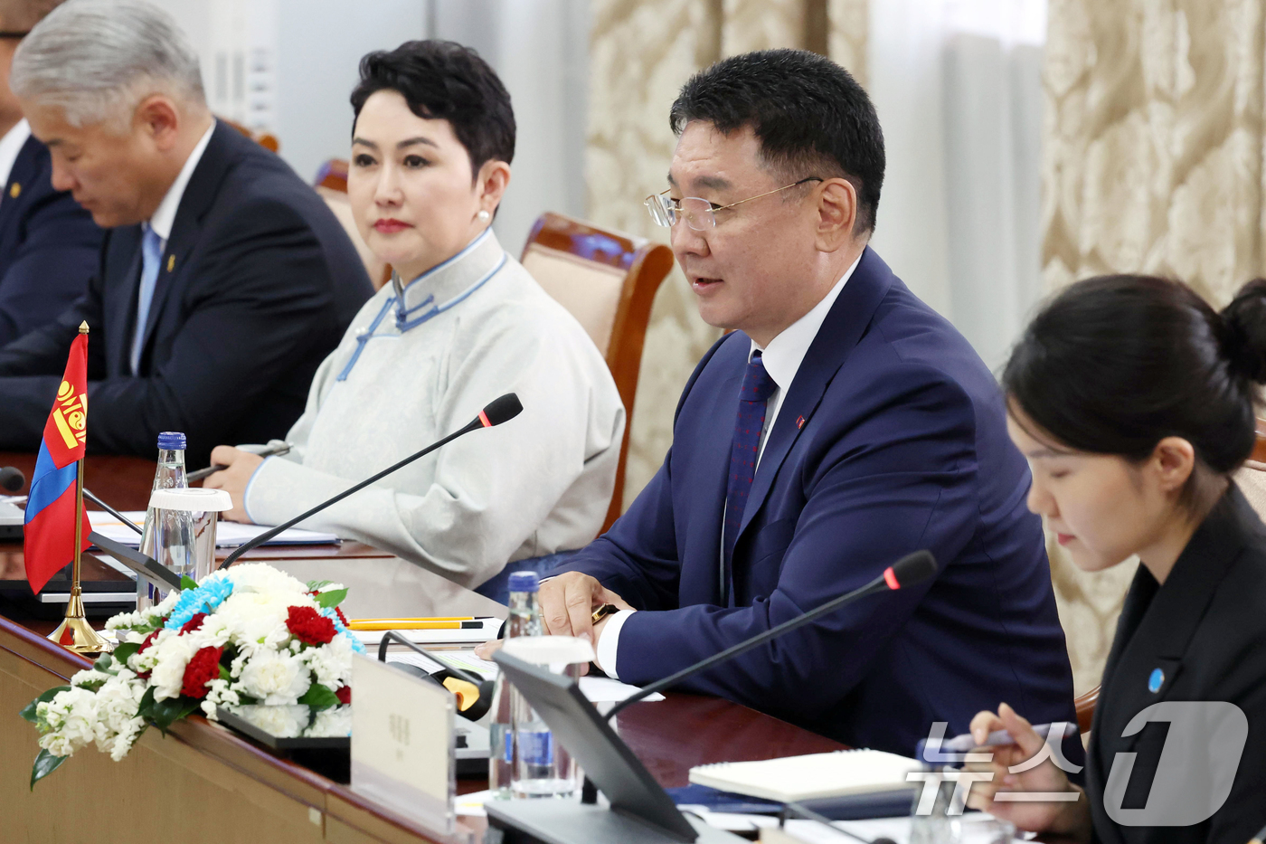 (울란바타르(몽골))=뉴스1) 이재명 기자 = 오흐나 후렐수흐 몽골 대통령이 9일(현지시간) 몽골 울란바타르 정부청사에서 열린 한-몽골 정상회담에서 발언하고 있다. 2026.7.9 …