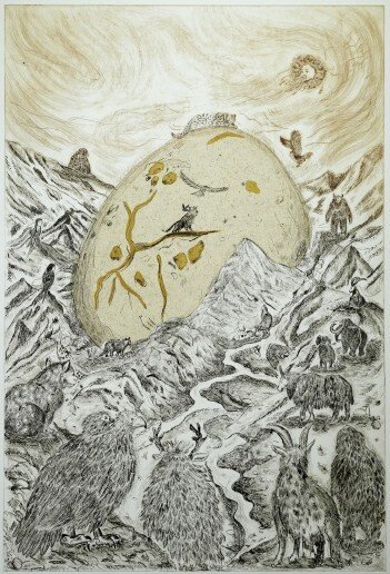 본문 이미지 - 이승연, 바람이 품은 알, 100&times;70cm, 드라이 포인트, 친콜레, 2026 (경기도서관 제공)