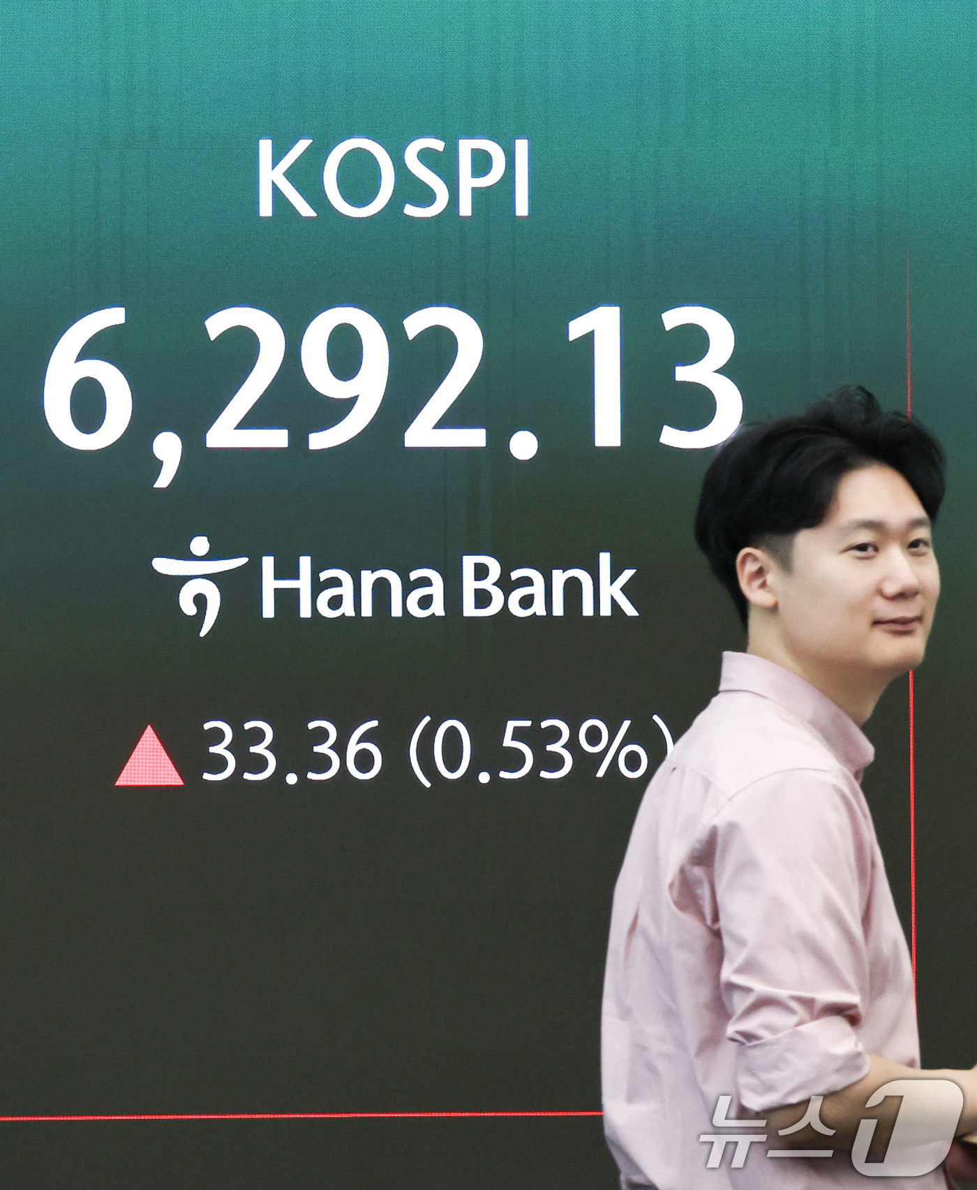 (서울=뉴스1) 이종수 기자 = 10일 오전 서울 중구 하나은행 딜링룸 전광판에 코스피 지수 등 시황이 표시되고 있다. 이날 코스피는 전 거래일 대비 47.56p(0.76%) 오른 …