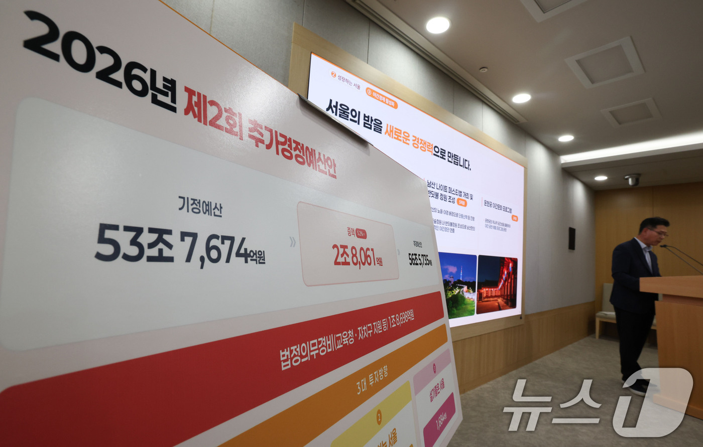 (서울=뉴스1) 이종수 기자 = 이동률 서울시 기획조정실장 직무대리가 10일 오전 서울 중구 서울시청 브리핑룸에서 2026년 제2회 추가경정예산안 기자설명회를 하고 있다. 2026 …