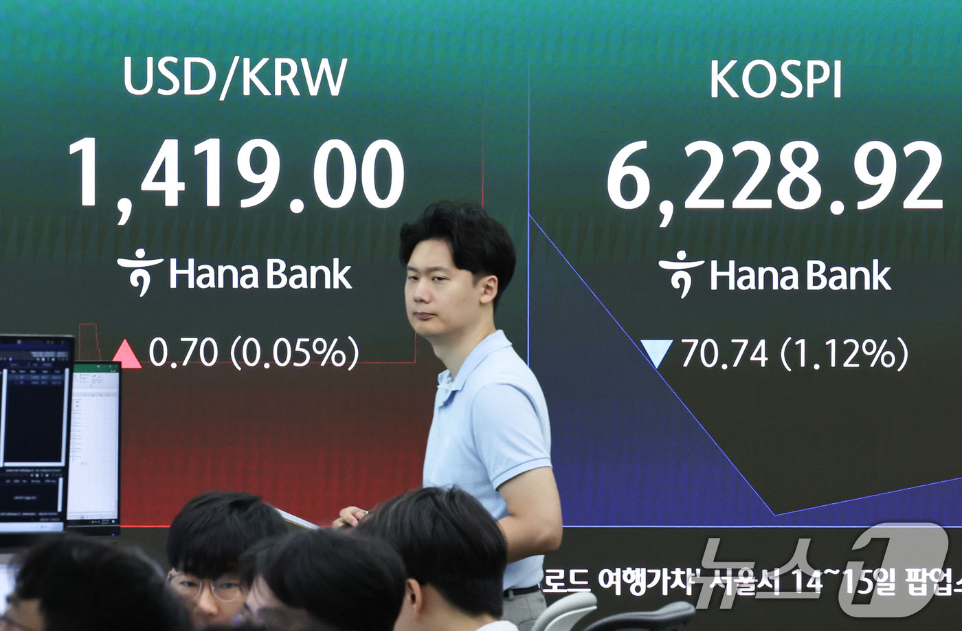 (서울=뉴스1) 이종수 기자 = 11일 오전 서울 중구 하나은행 딜링룸 전광판에 코스피 지수 등 시황이 표시되고 있다. 이날 코스피는 전일 대비 0.95% 하락한 6240.06로 …