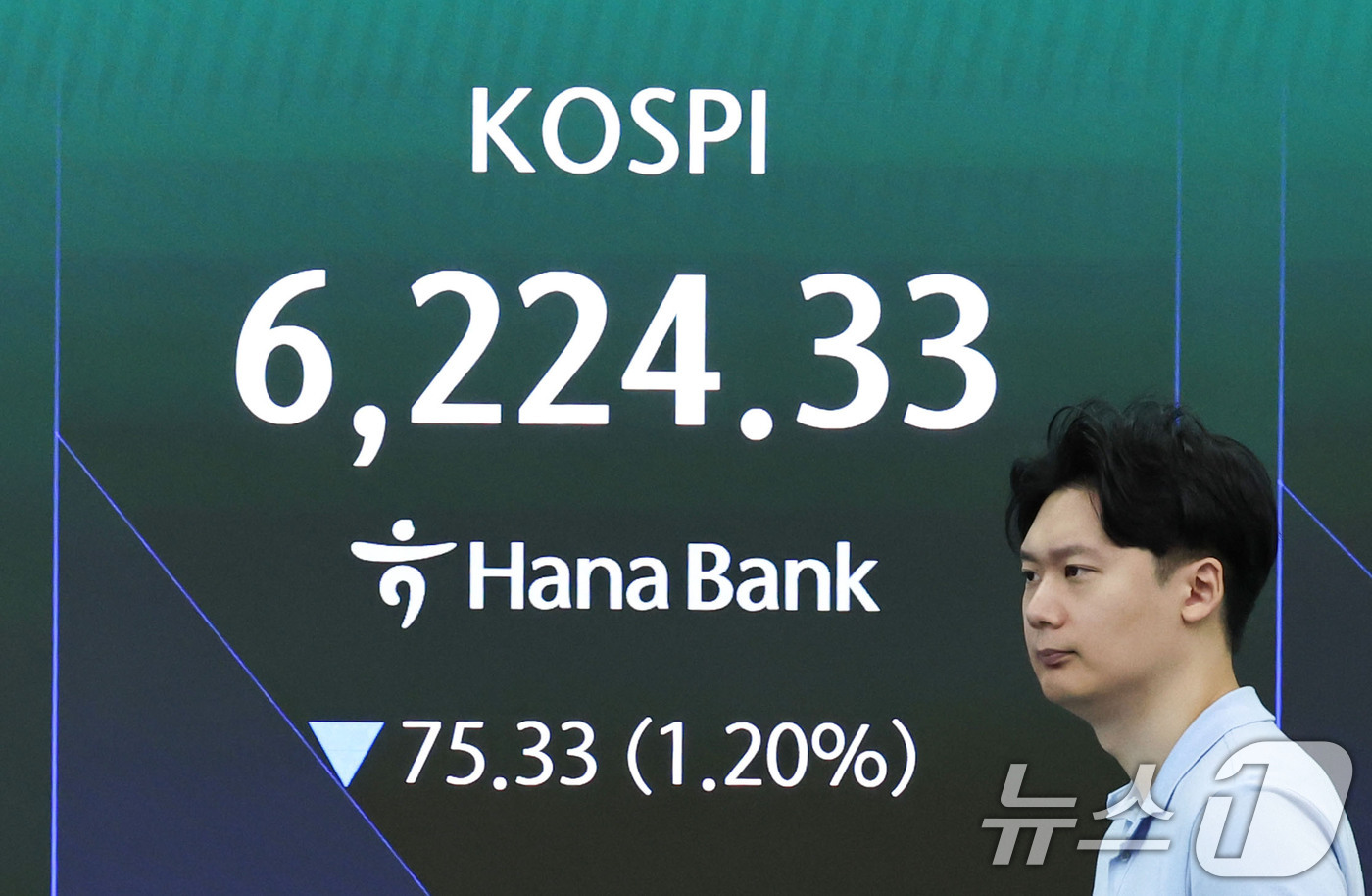 (서울=뉴스1) 이종수 기자 = 11일 오전 서울 중구 하나은행 딜링룸 전광판에 코스피 지수 등 시황이 표시되고 있다. 이날 코스피는 전일 대비 0.95% 하락한 6240.06로 …