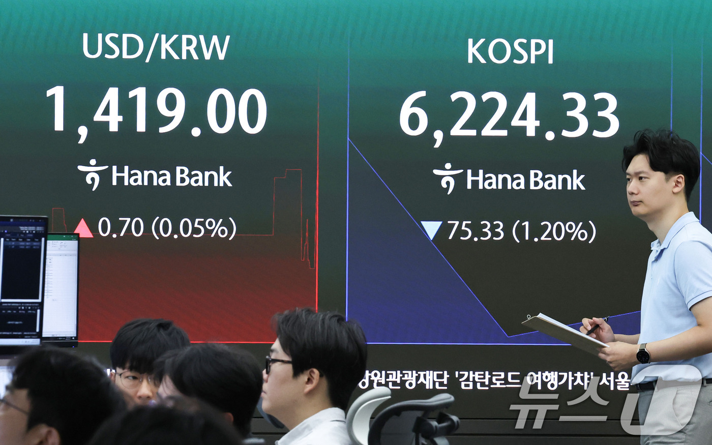 (서울=뉴스1) 이종수 기자 = 11일 오전 서울 중구 하나은행 딜링룸 전광판에 코스피 지수 등 시황이 표시되고 있다. 이날 코스피는 전일 대비 0.95% 하락한 6240.06로 …