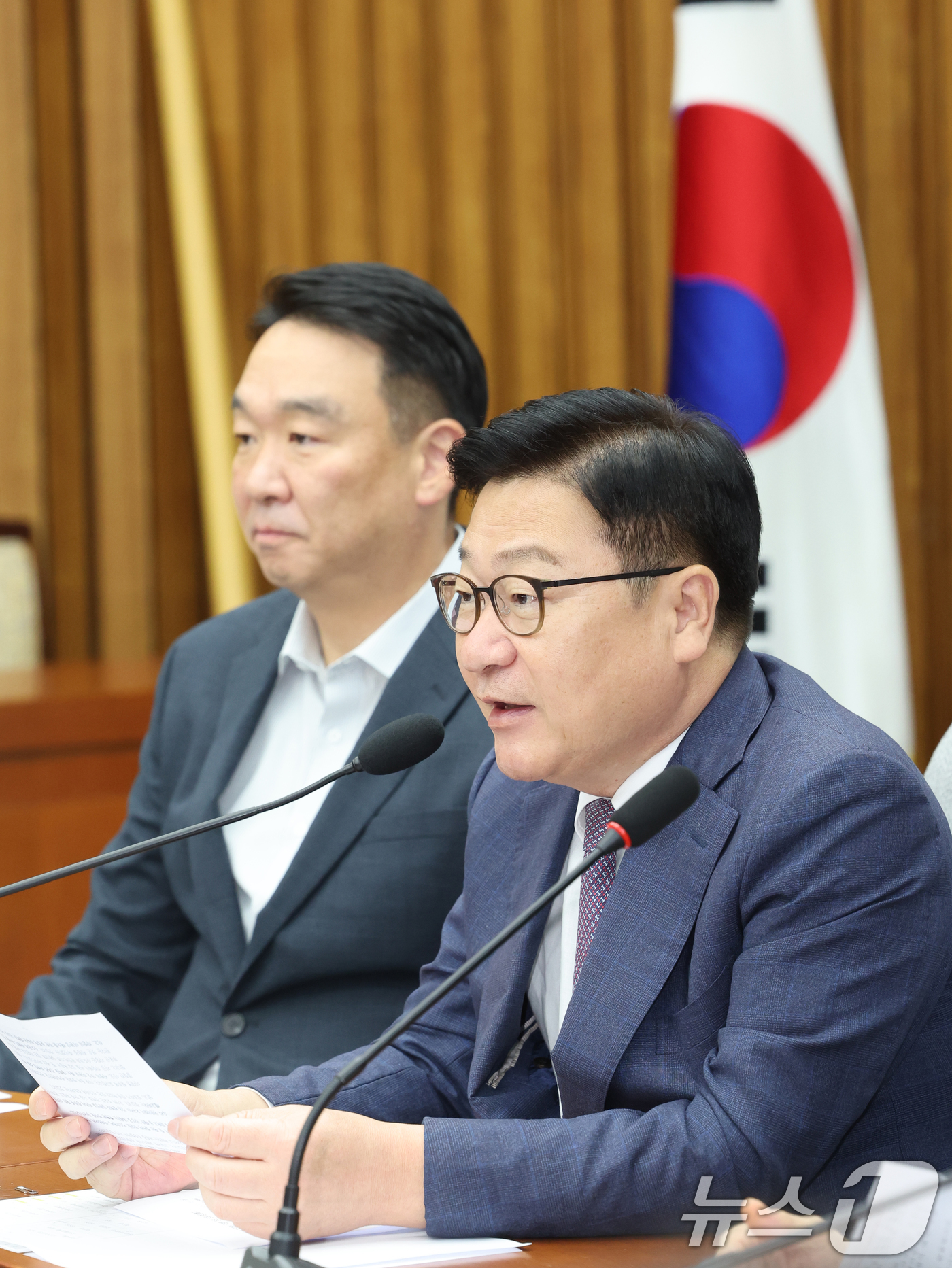 (서울=뉴스1) 황기선 기자 = 정점식 국민의힘 원내대표가 11일 오전 서울 여의도 국회에서 열린 원내대책회의에서 모두발언을 하고 있다.  2026.8.11/뉴스1