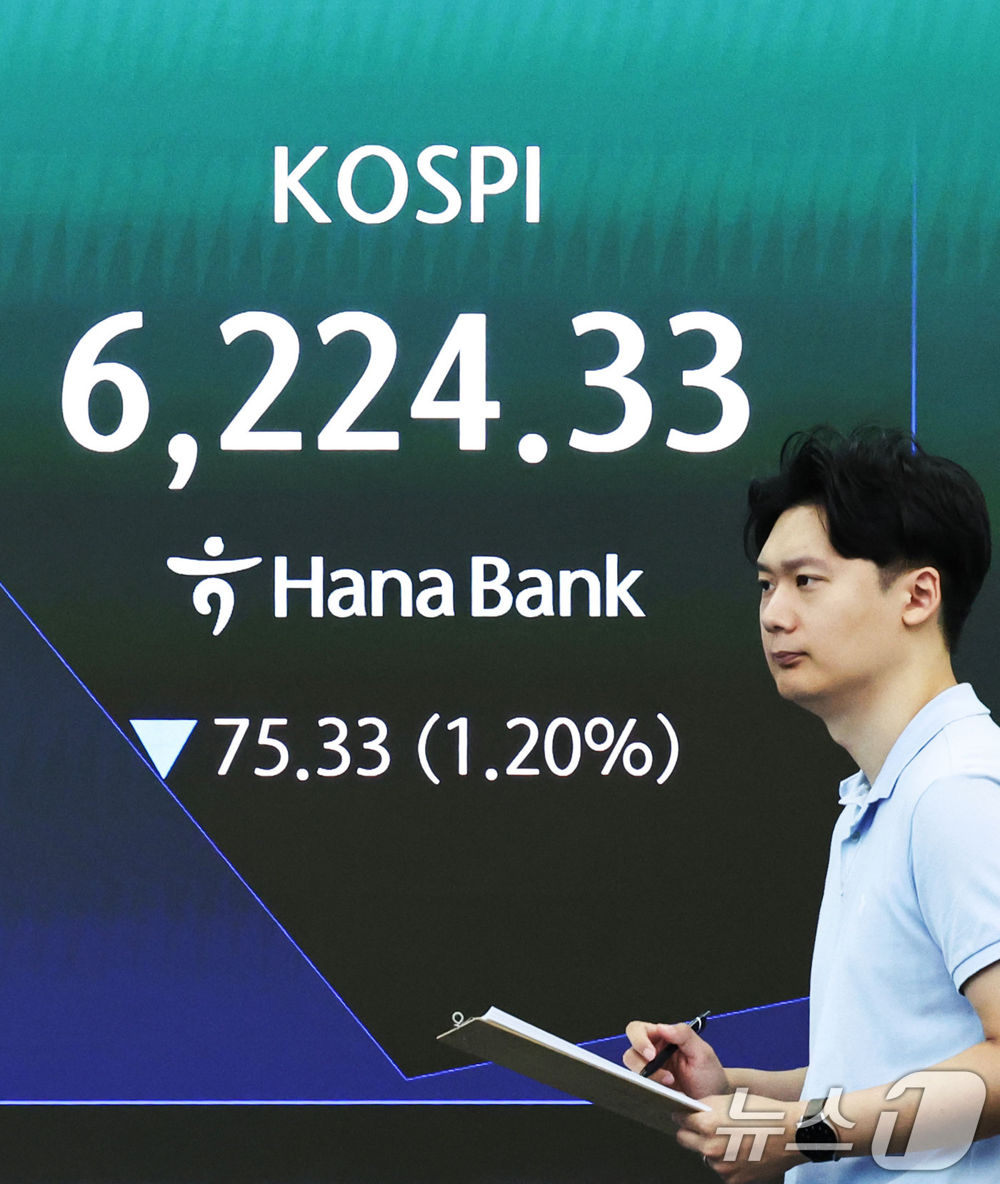 (서울=뉴스1) 이종수 기자 = 11일 오전 서울 중구 하나은행 딜링룸 전광판에 코스피 지수 등 시황이 표시되고 있다. 이날 코스피는 전일 대비 0.95% 하락한 6240.06로 …