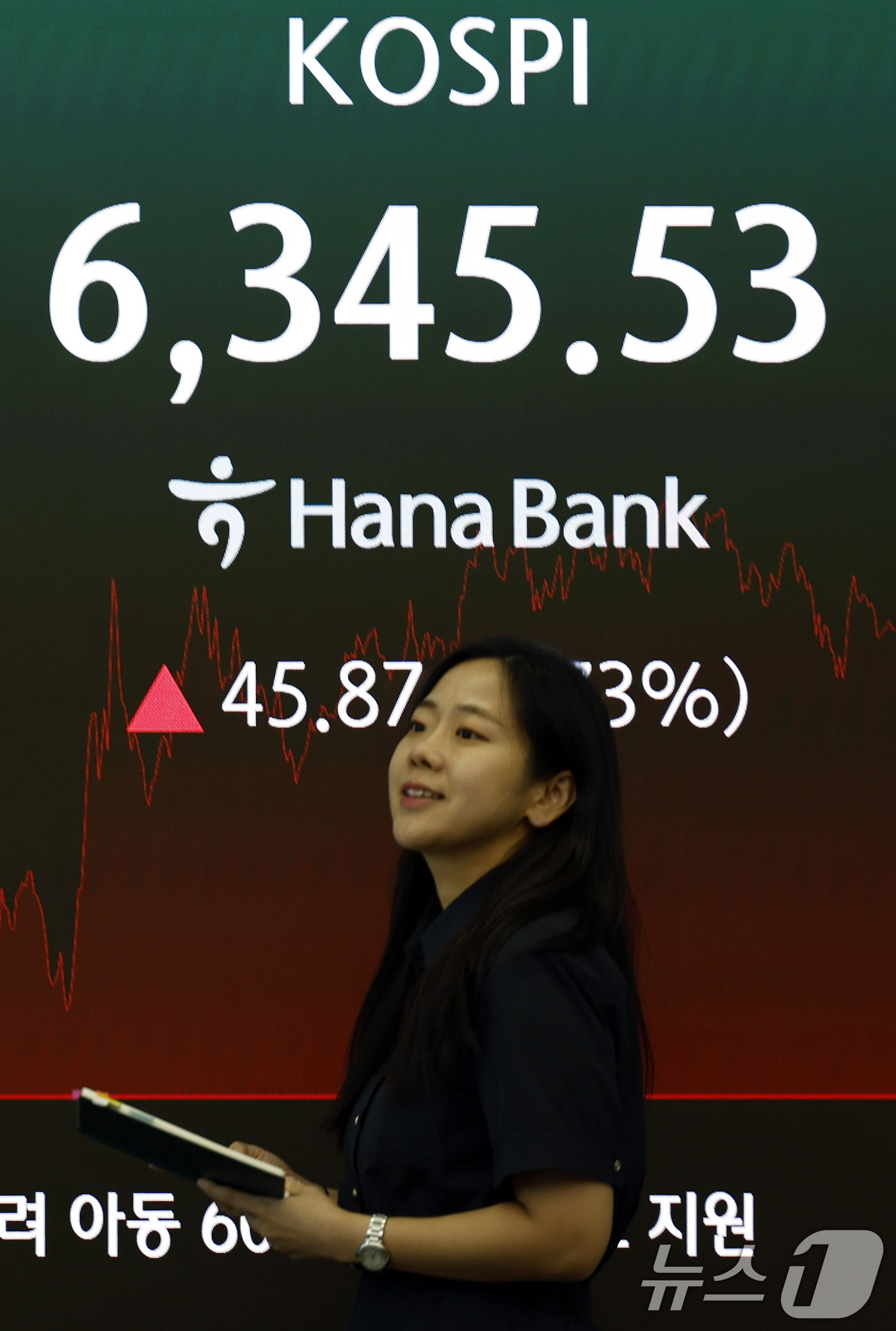 (서울=뉴스1) 박정호 기자 = 11일 오후 서울시 중구 하나은행 본점 딜링룸 전광판에 코스피 등 종가가 표시되고 있다.이날 코스피는 전 거래일 대비 45.87p(0.73%) 오른 …