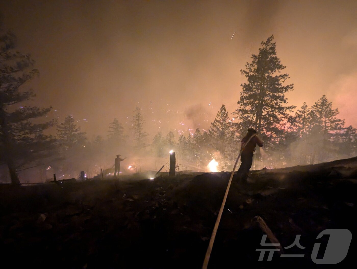 본문 이미지 - 7일(현지시간) 캐나다 브리티시컬럼비아주 서머랜드 북서쪽에서 한 소방대가 볼드 산불을 진압하고 있다. 2026.08.07. ⓒ 로이터=뉴스1