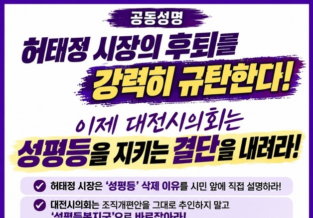 대전 여성단체 '성평등복지국' 신설 무산 반발…"의회가 바로잡아라"