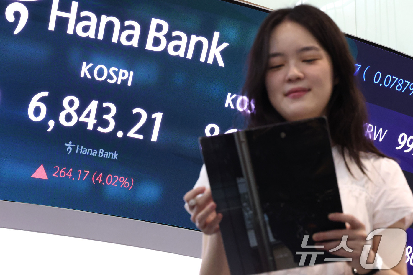 (서울=뉴스1) 이광호 기자 = 코스피가 상승 출발한 13일 오전 서울 중구 하나은행 딜링룸 현황판에 전장대비 264.17포인트(4.02%)상승한 6,843.21을 나타내고 있다. …
