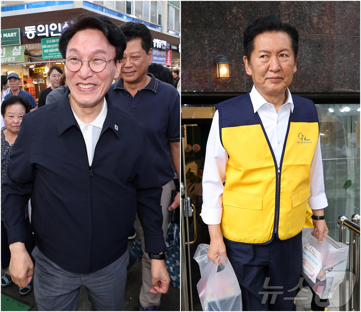 (서울=뉴스1) 김성진 기자 = 정청래 더불어민주당 당대표 후보(왼쪽)와 정청래 당대표 후보(오른쪽)가 14일 서울 동대문구 경동시장과 광진구재가노인복지기관을 각각 방문해 상인들과 …