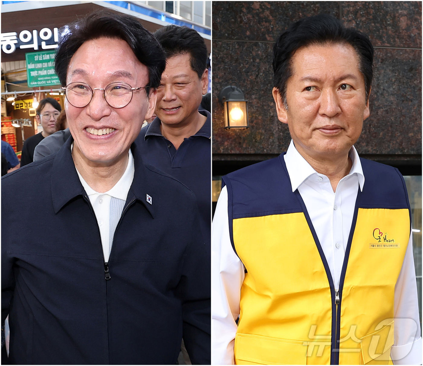 (서울=뉴스1) 김성진 기자 = 정청래 더불어민주당 당대표 후보(왼쪽)와 정청래 당대표 후보(오른쪽)가 14일 서울 동대문구 경동시장과 광진구재가노인복지기관을 각각 방문해 상인들과 …