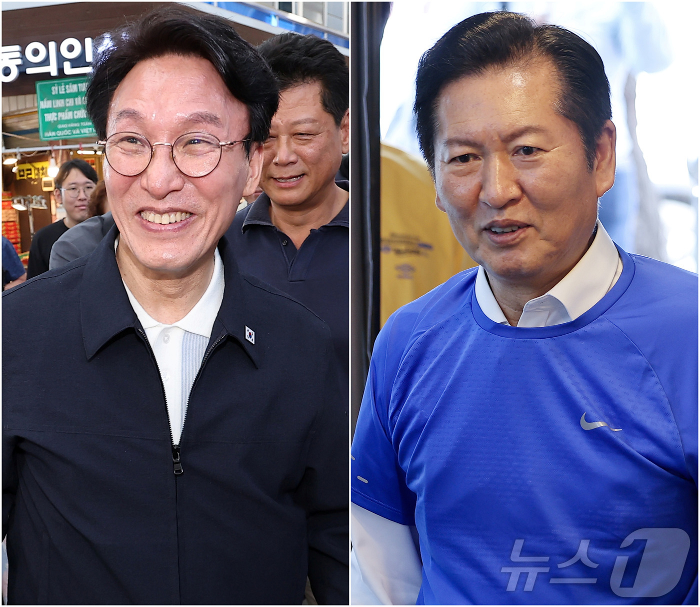 (서울=뉴스1) 김성진 기자 = 정청래 더불어민주당 당대표 후보(왼쪽)와 정청래 당대표 후보(오른쪽)가 14일 서울 동대문구 경동시장과 광진구재가노인복지기관을 각각 방문해 상인들과 …