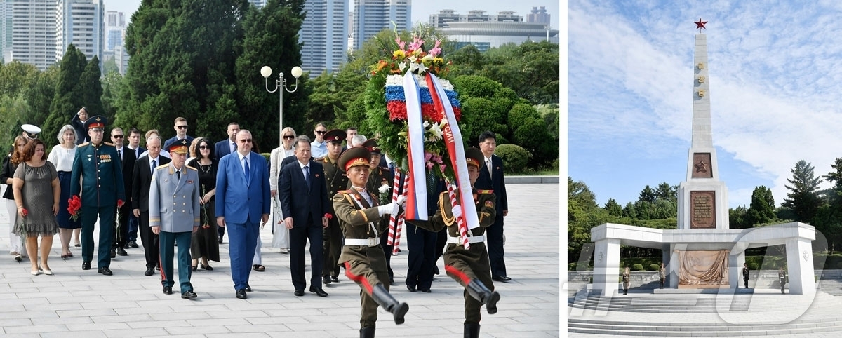 (평양 노동신문=뉴스1) = 북한 노동당 기관지 노동신문은 15일 "조국해방 81돐(주년)에 즈음하여 우리 나라 주재 러시아연방대사관 성원들이 14일 해방탑에 화환을 진정하였다"고 …