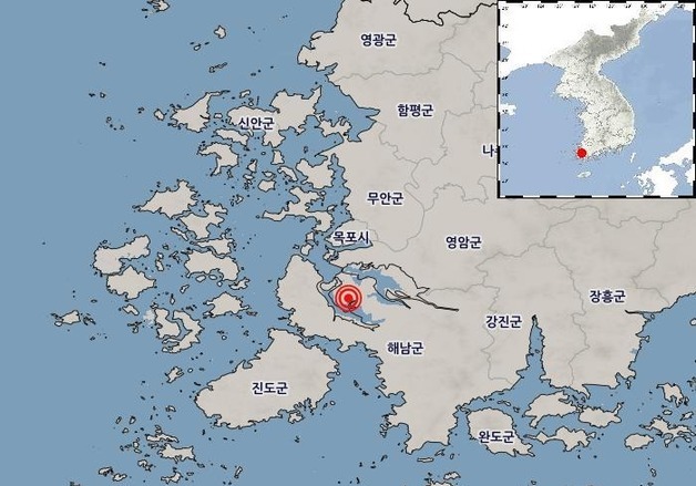 전남광주 해남 서북서쪽 21㎞ 지역서 규모 2.2 지진