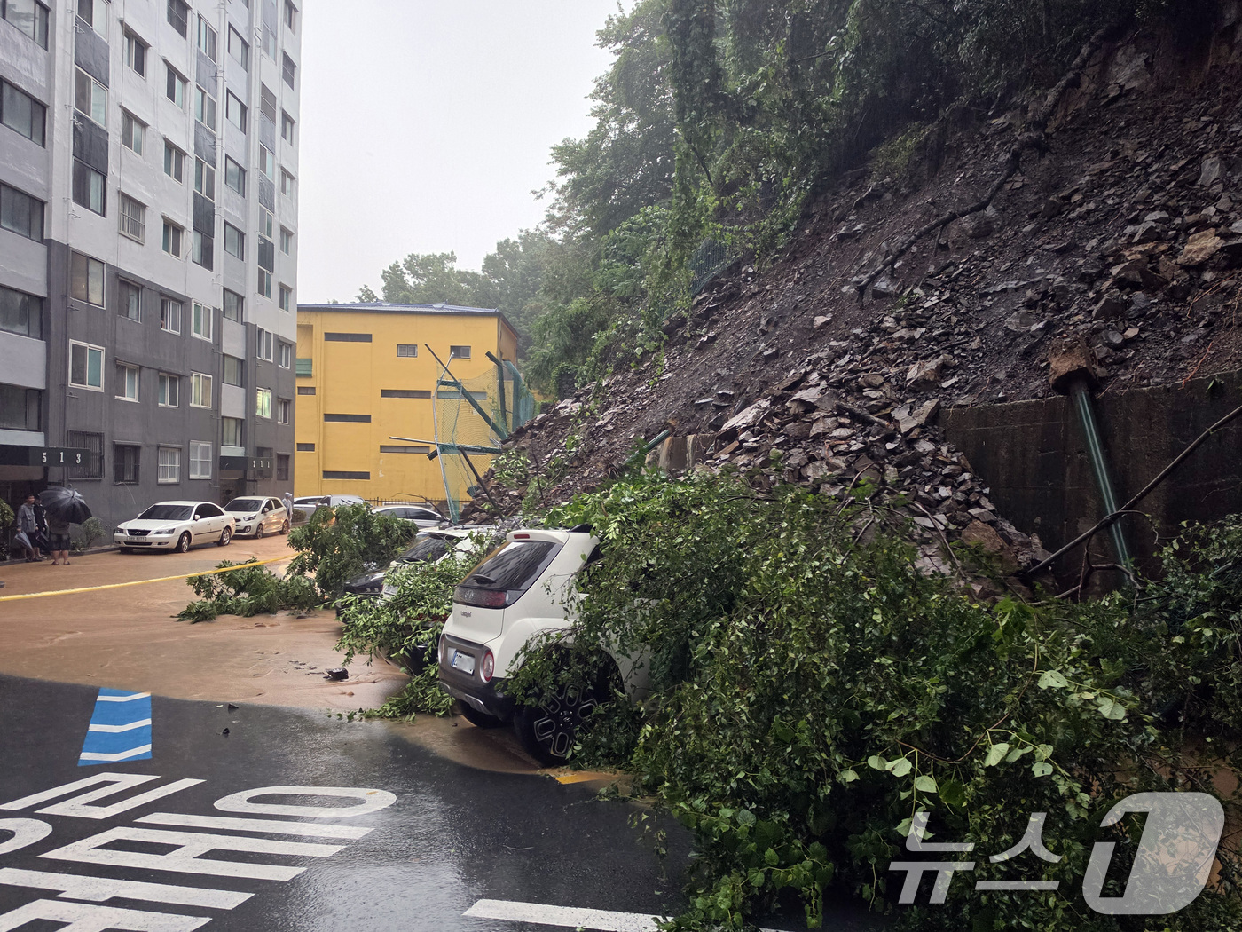 (서울=뉴스1) = 17일 오전 경남 거제시 옥포동의 한 아파트 인근에서 산사태가 발생해 차량이 토사에 파묻혀 있다. 현장에 출동한 소방 당국은 매몰된 1층에서 주민 2명을 구조하 …