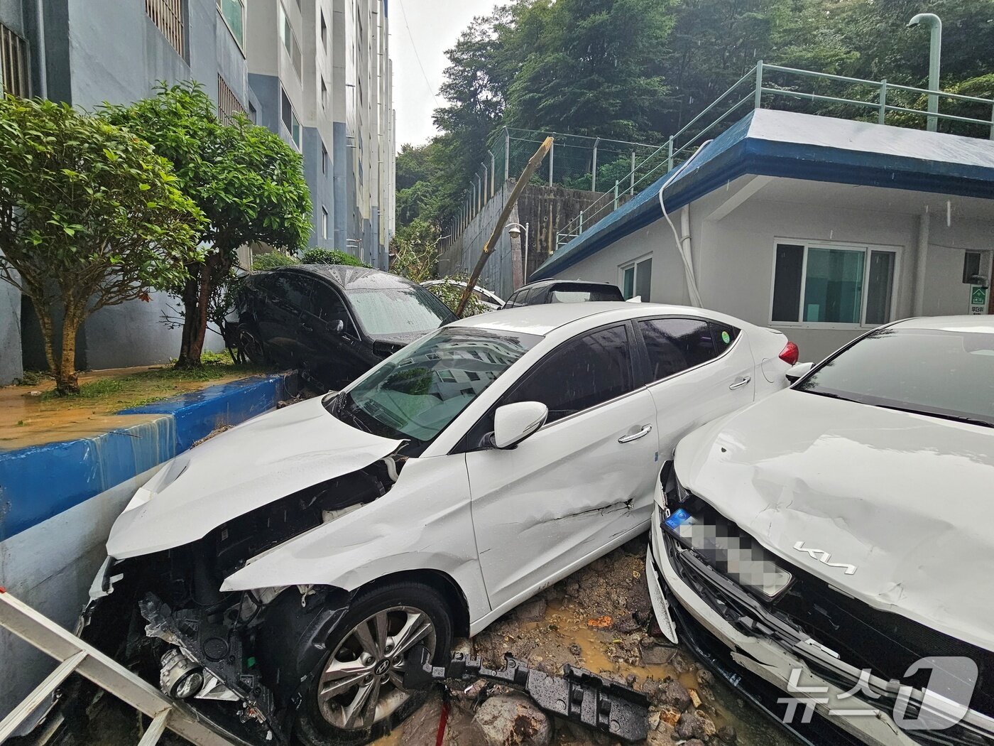 본문 이미지 - 거제에서 발생한 산사태로 주차된 차들이 파손된 모습.  2026.8.17/뉴스1 한송학기자