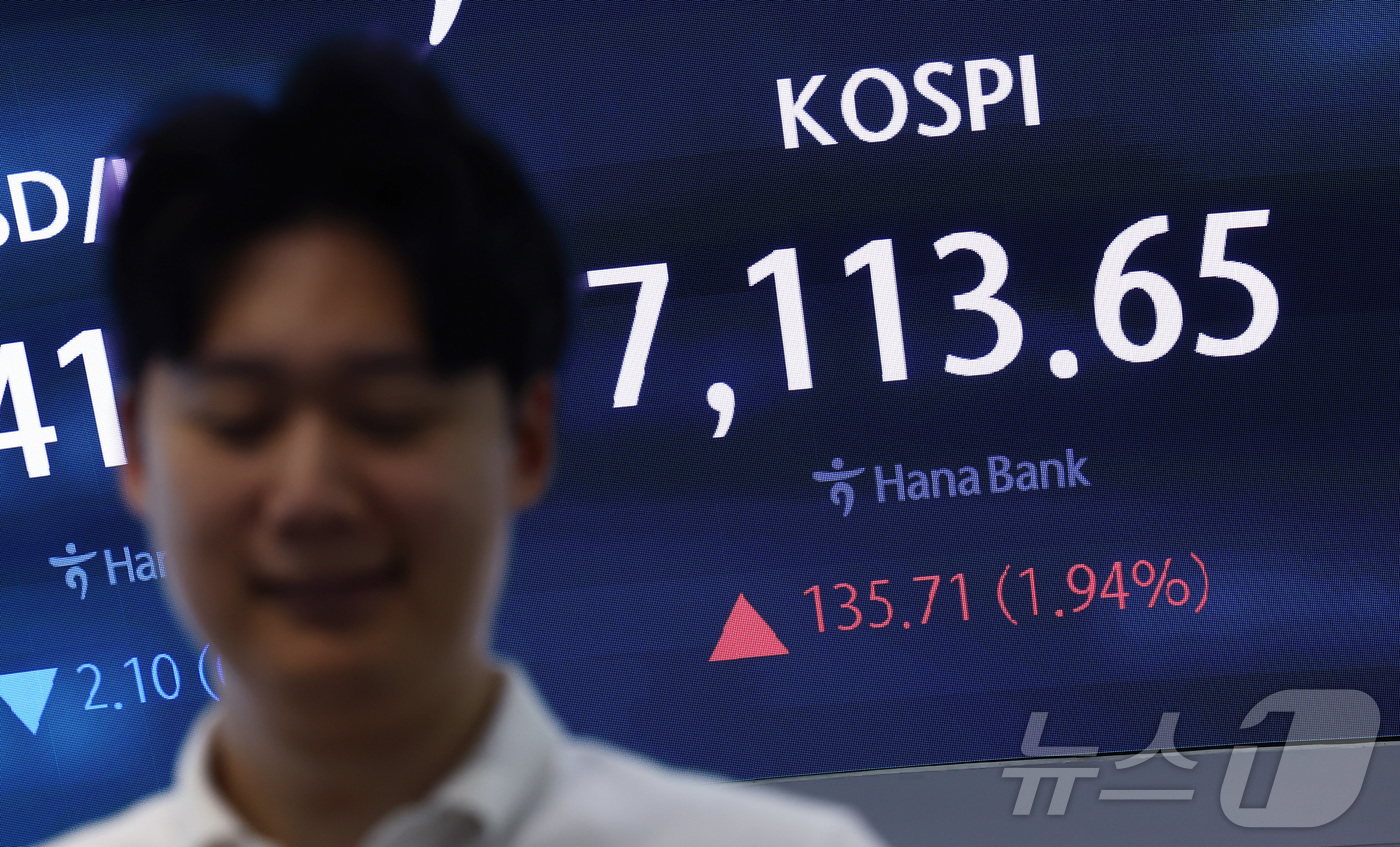 (서울=뉴스1) 김민지 기자 = 코스피가 7100선을 회복하며 상승 출발한 18일 오전 서울 중구 하나은행 딜링룸 전광판에 코스피 지수가 나오고 있다.이날 코스피는 2.15% 오른 …
