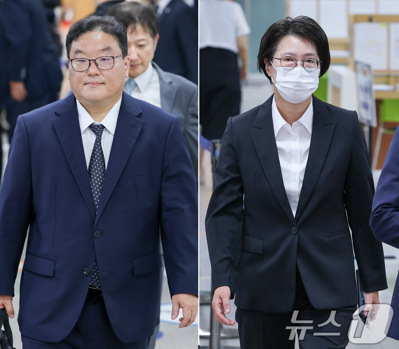 (서울=뉴스1) 안은나 기자 = 쿠팡 퇴직금 미지급 사건을 무혐의 처분하도록 외압을 행사한 혐의로 기소된 엄희준(왼쪽), 김동희 검사가 18일 오전 서울 서초구 중앙지방법원에서 열 …