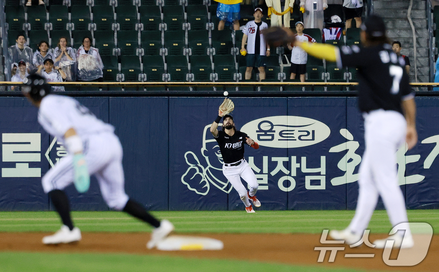 (서울=뉴스1) 이호윤 기자 = 18일 서울 송파구 잠실야구장에서 열린 프로야구 '2026 신한 SOL KBO리그' KT 위즈와 LG 트윈스의 경기, 3회말 무사 1,2루 상황에서 …